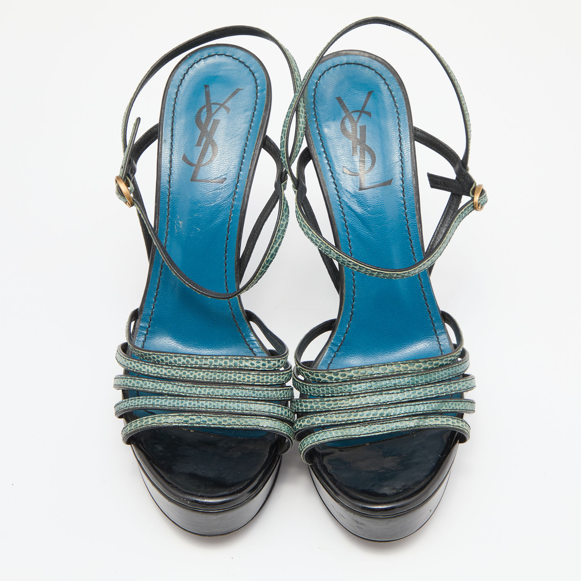 Yves Saint Laurent Green/Black Lizard Strappy Platform Sandals Size 38.5