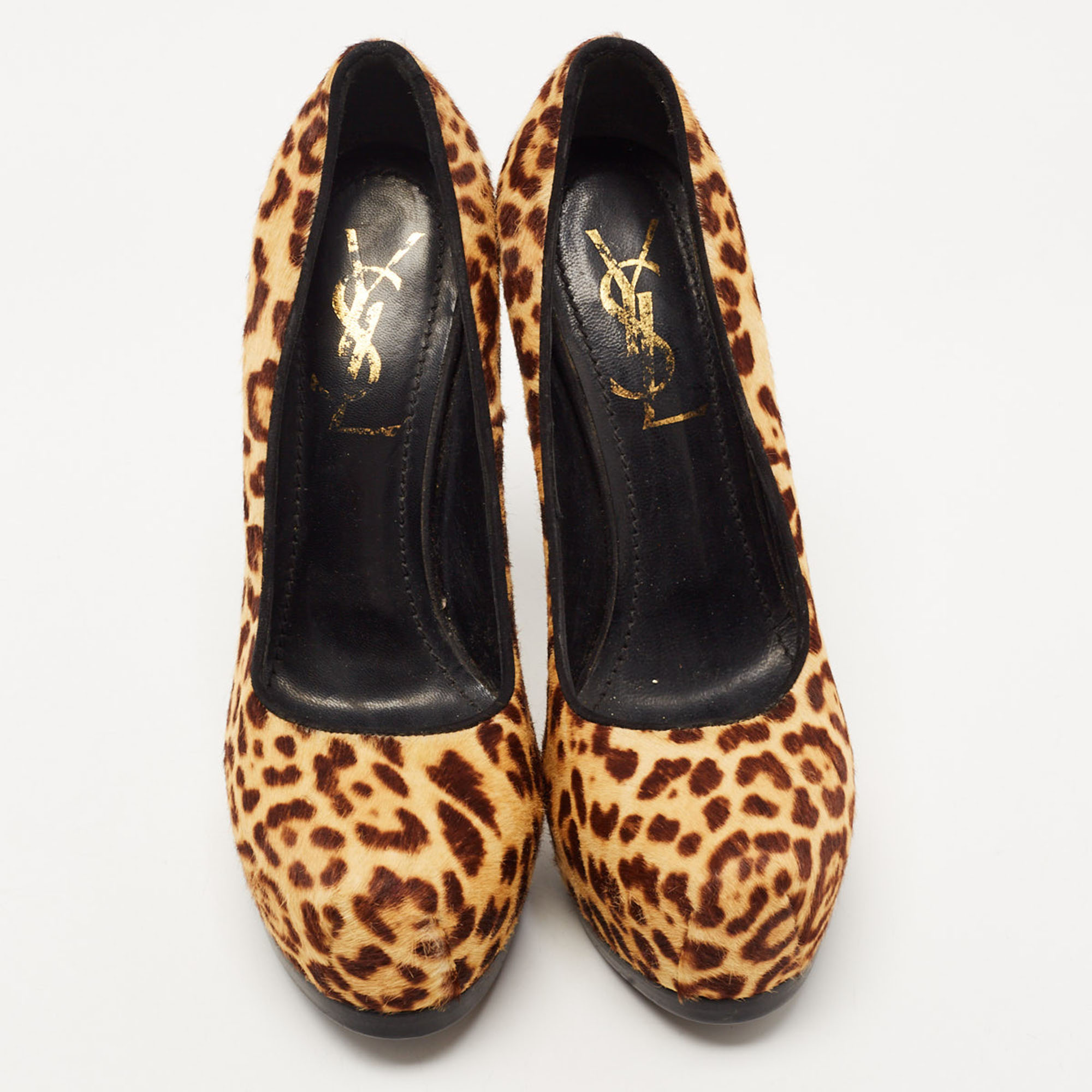 Saint Laurent Brown/Beige Leopard Print Calf Hair Tribtoo Pumps Size 35