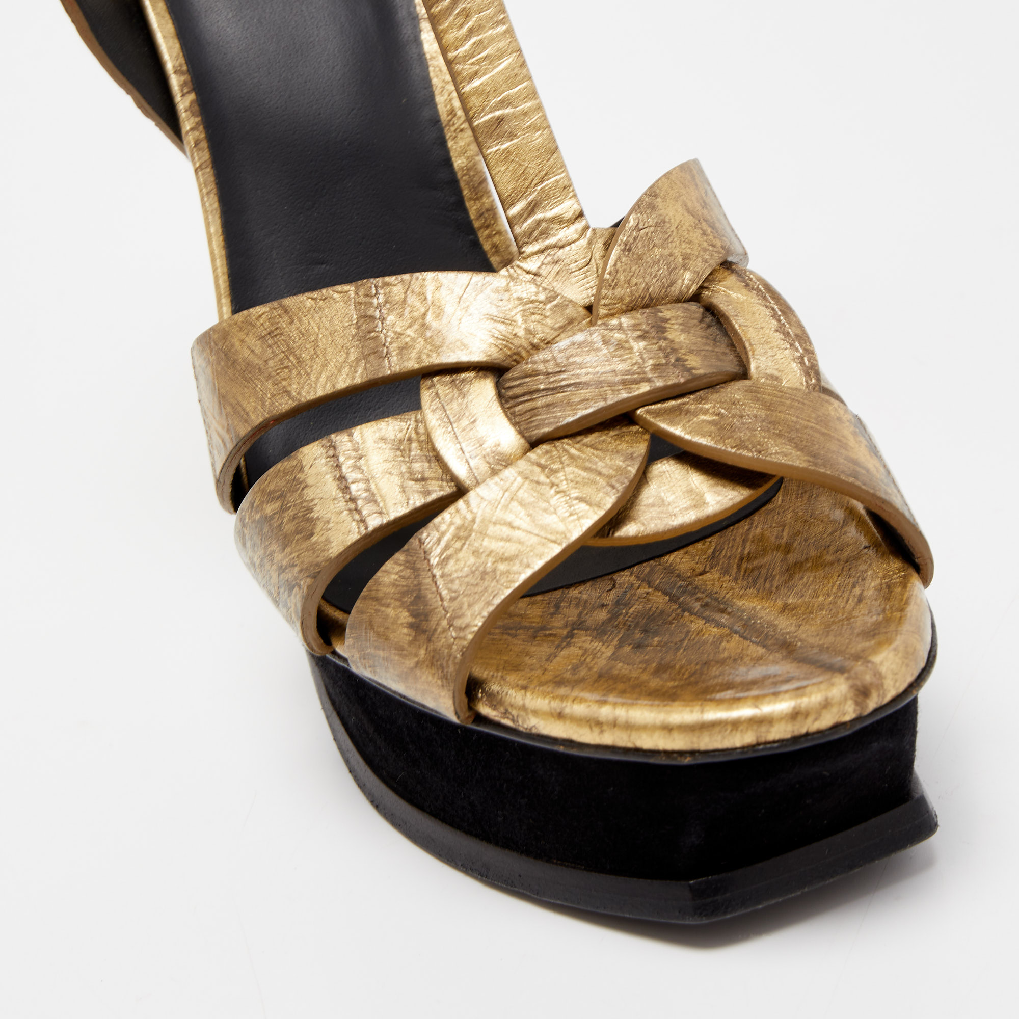 Saint Laurent Gold/Black Suede And Eel Leather Tribute Sandals Size 39.5