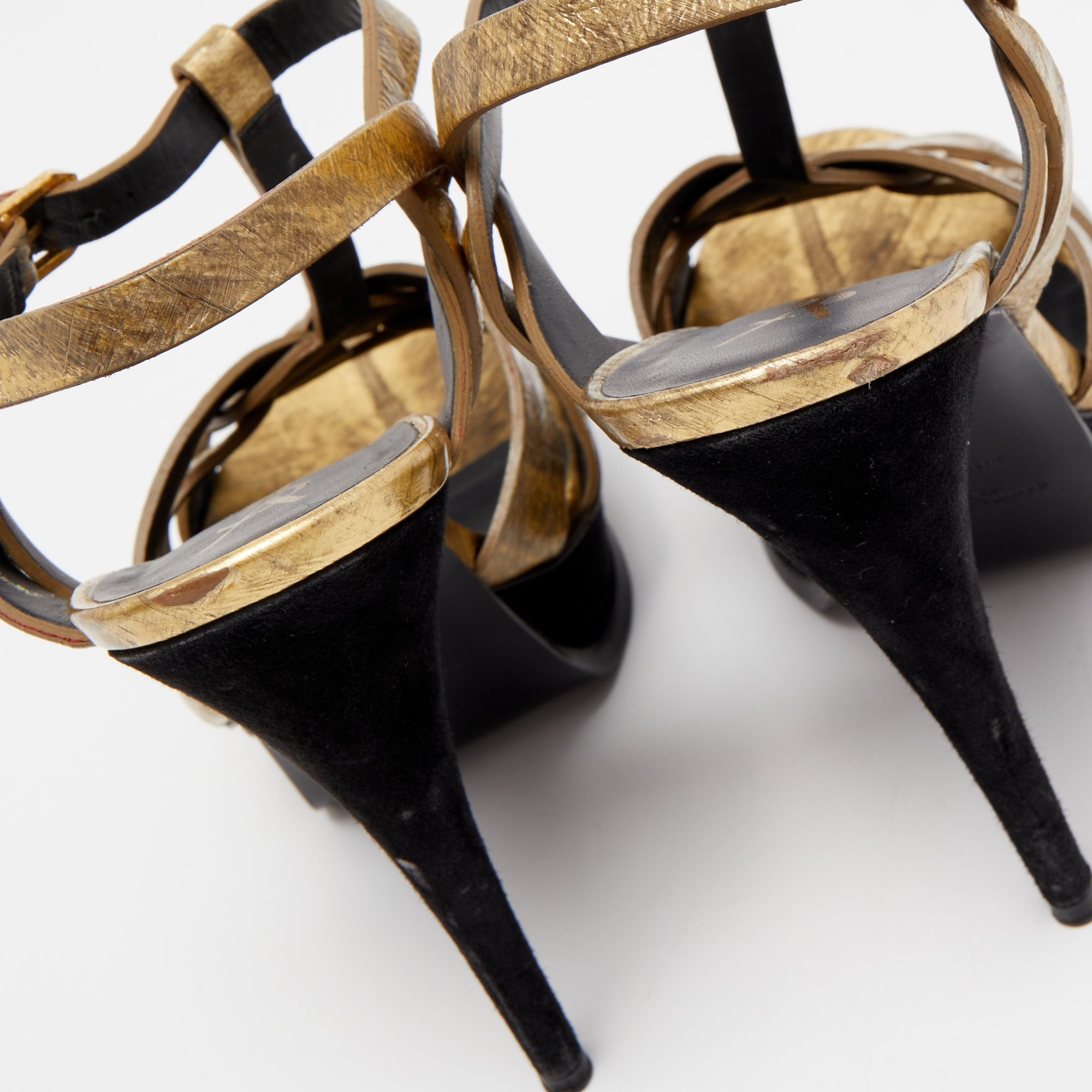 Saint Laurent Gold/Black Suede And Eel Leather Tribute Sandals Size 39.5