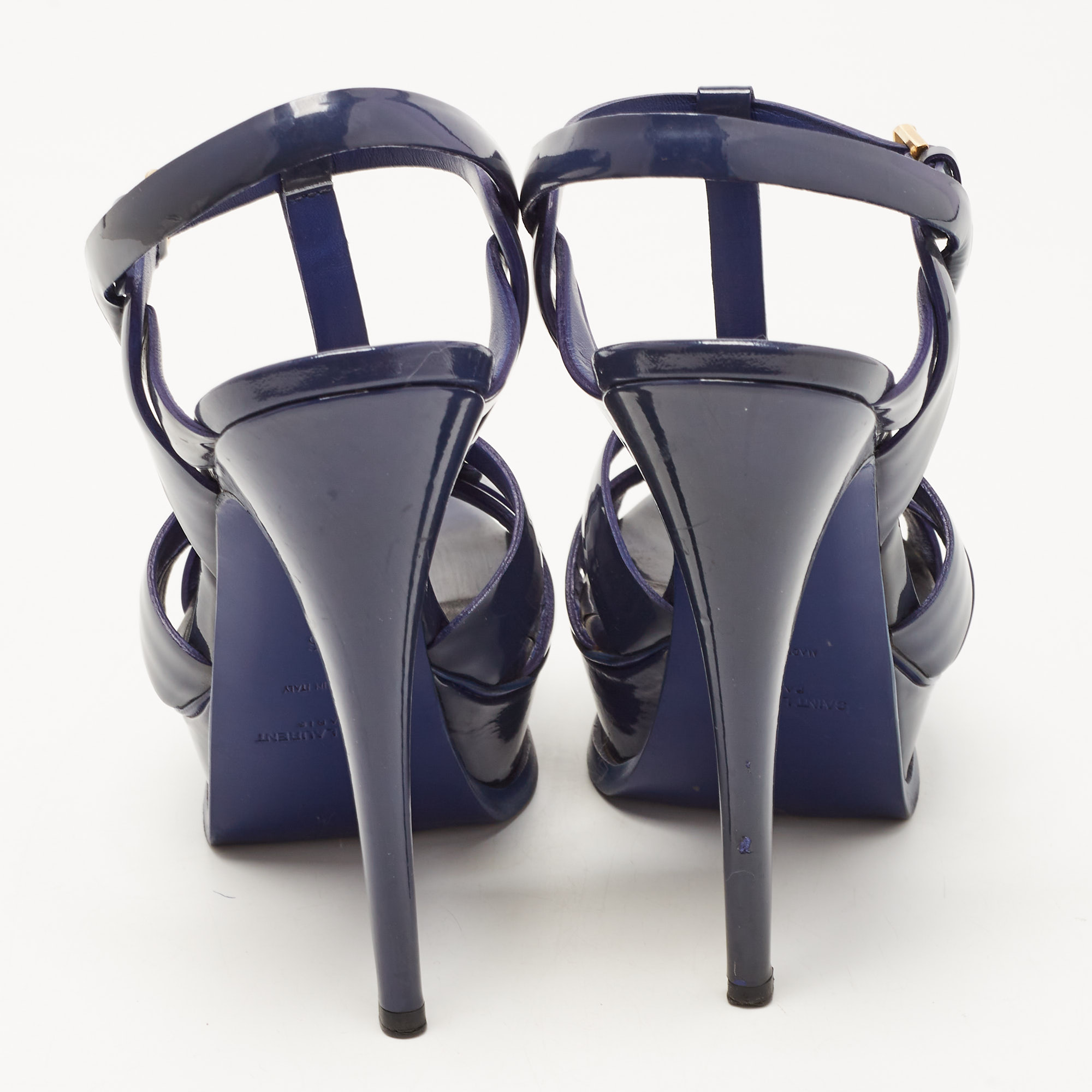 Saint Laurent Navy Blue Patent Leather Tribute Platform Ankle Strap Sandals Size 36