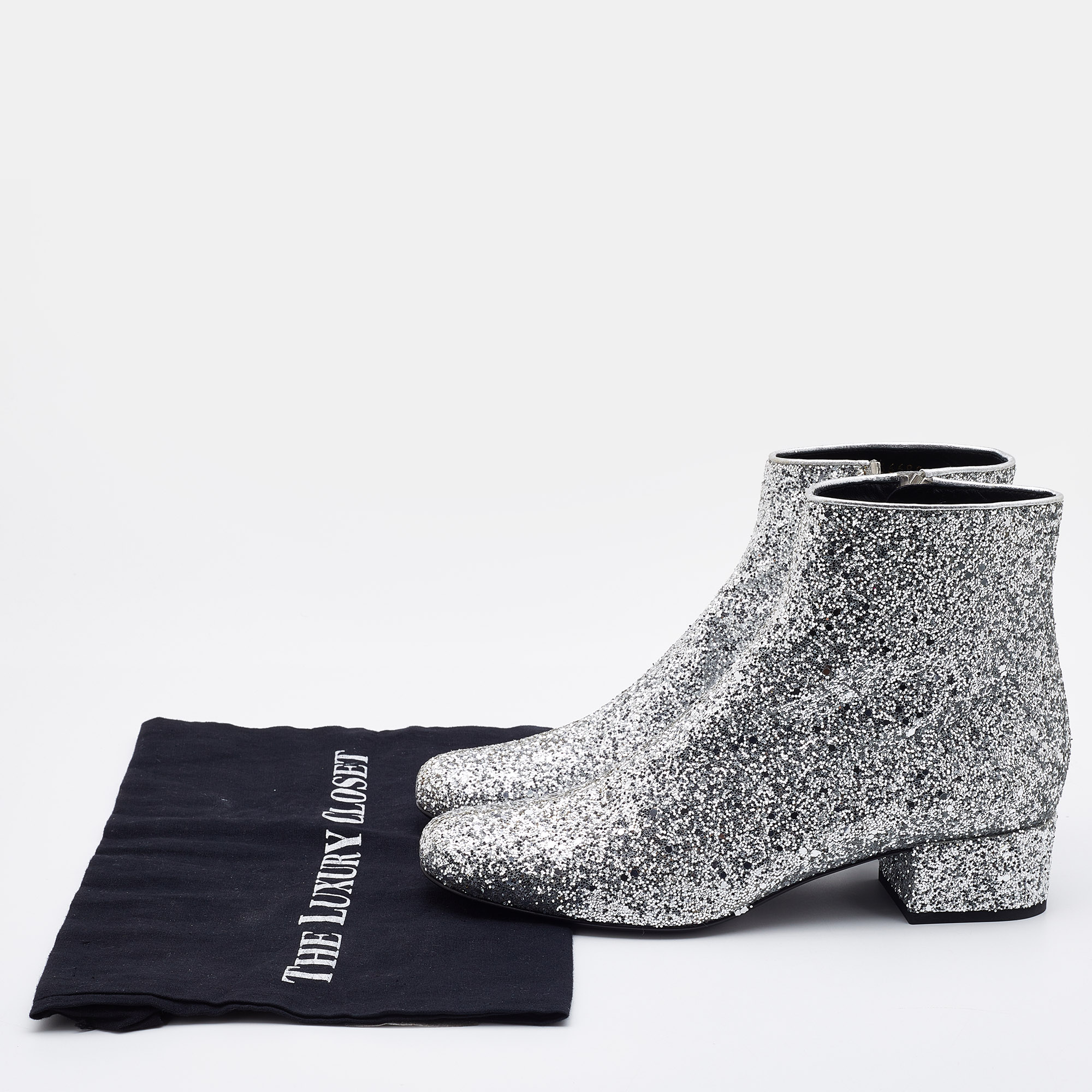 Saint Laurent Silver Glitter Caleb Zippered Ankle Boots Size 38.5