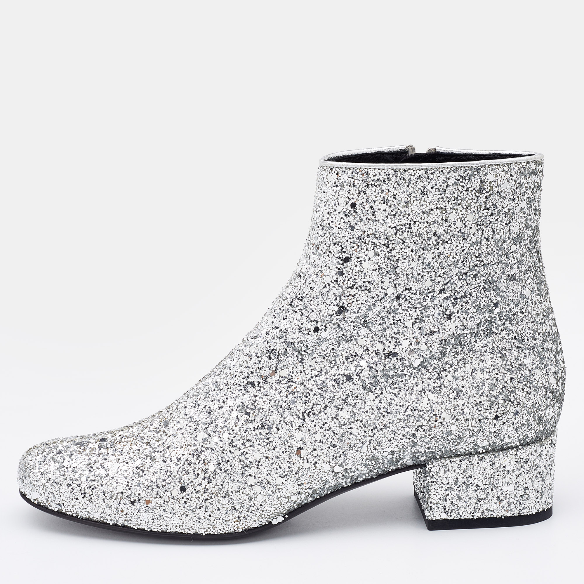 Saint Laurent Silver Glitter Caleb Zippered Ankle Boots Size 38.5