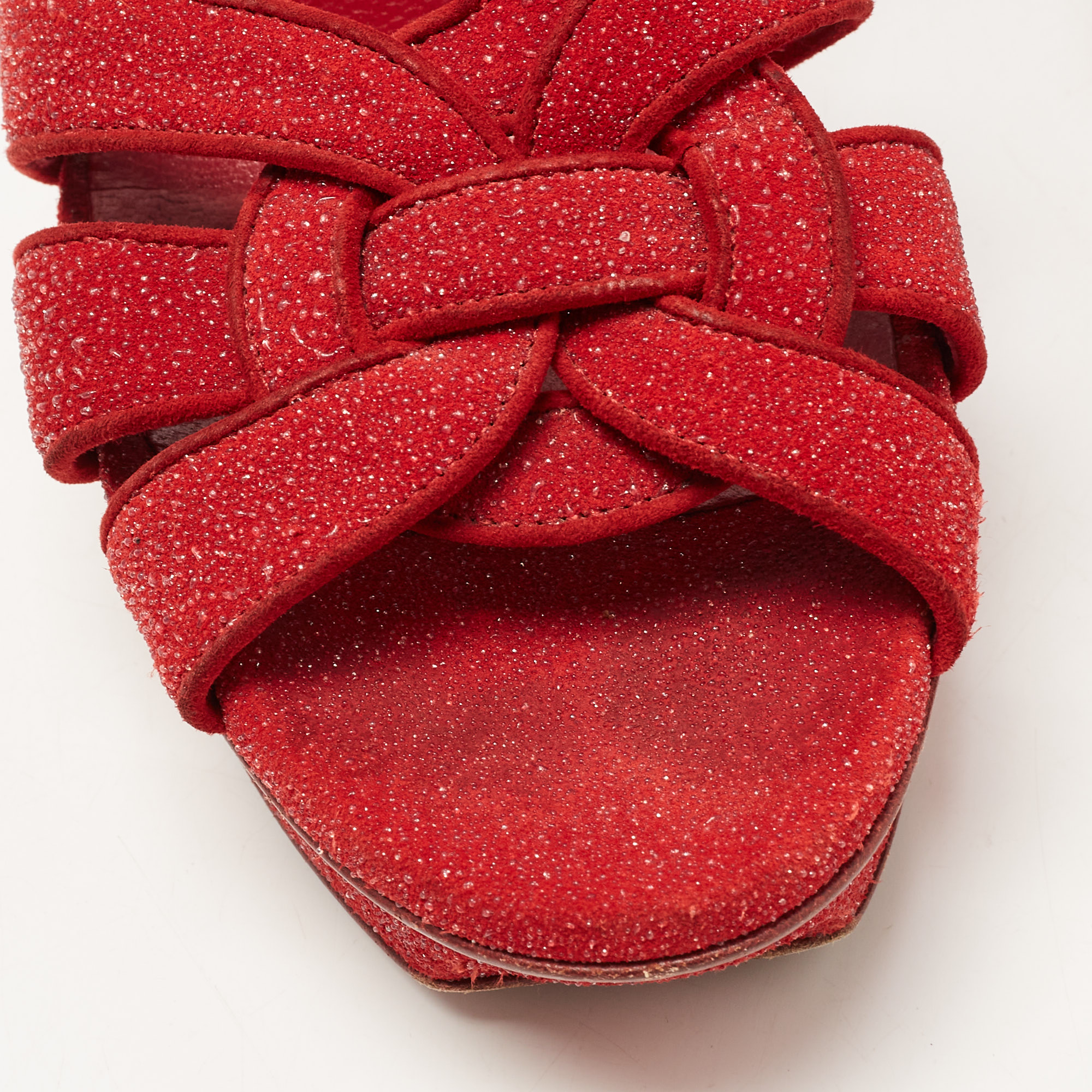Saint Laurent Paris Red Textured Suede Tribute Platform Ankle Strap Sandals Size 39