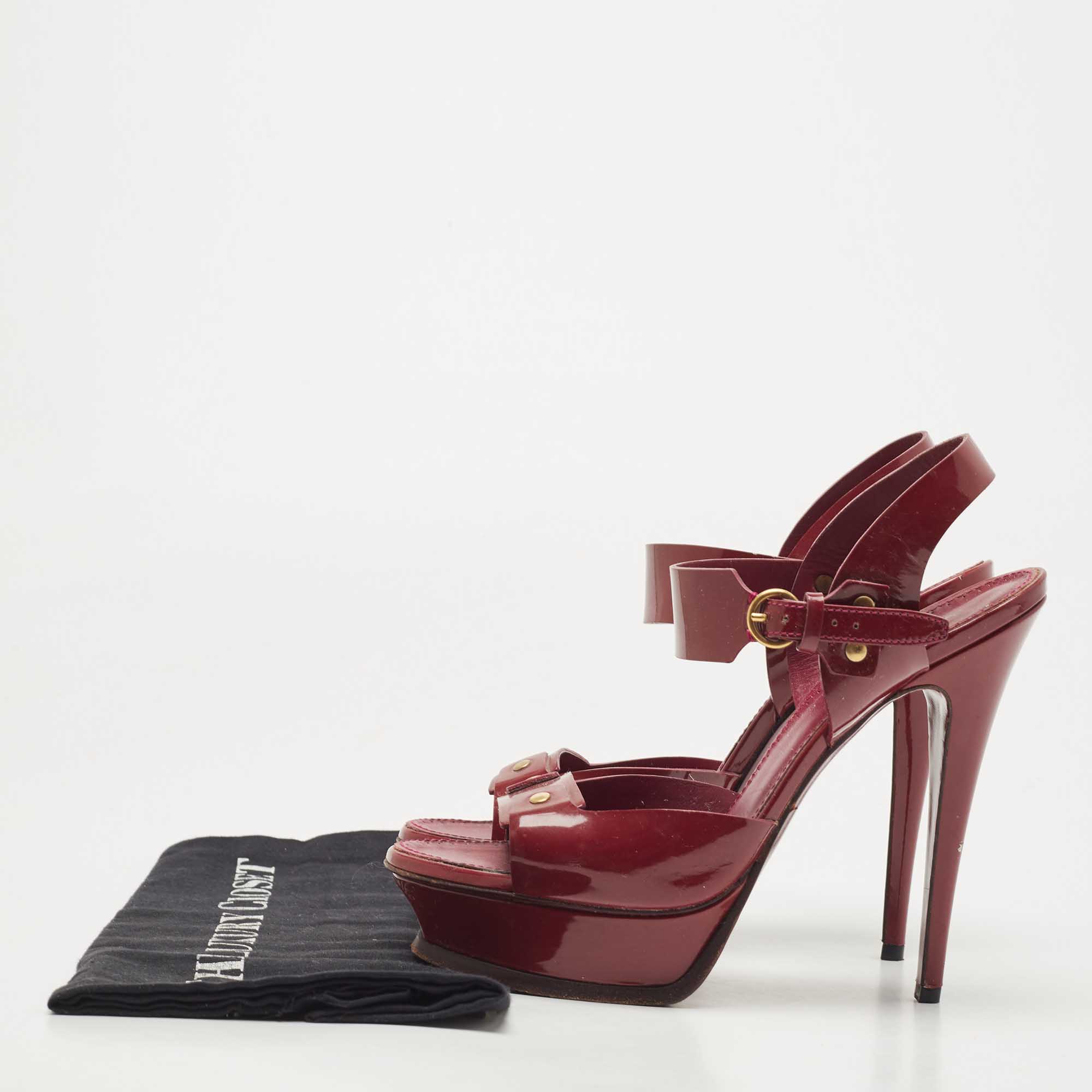 Saint Laurent Plum Patent Leather Platform Ankle Strap Sandals Size 40