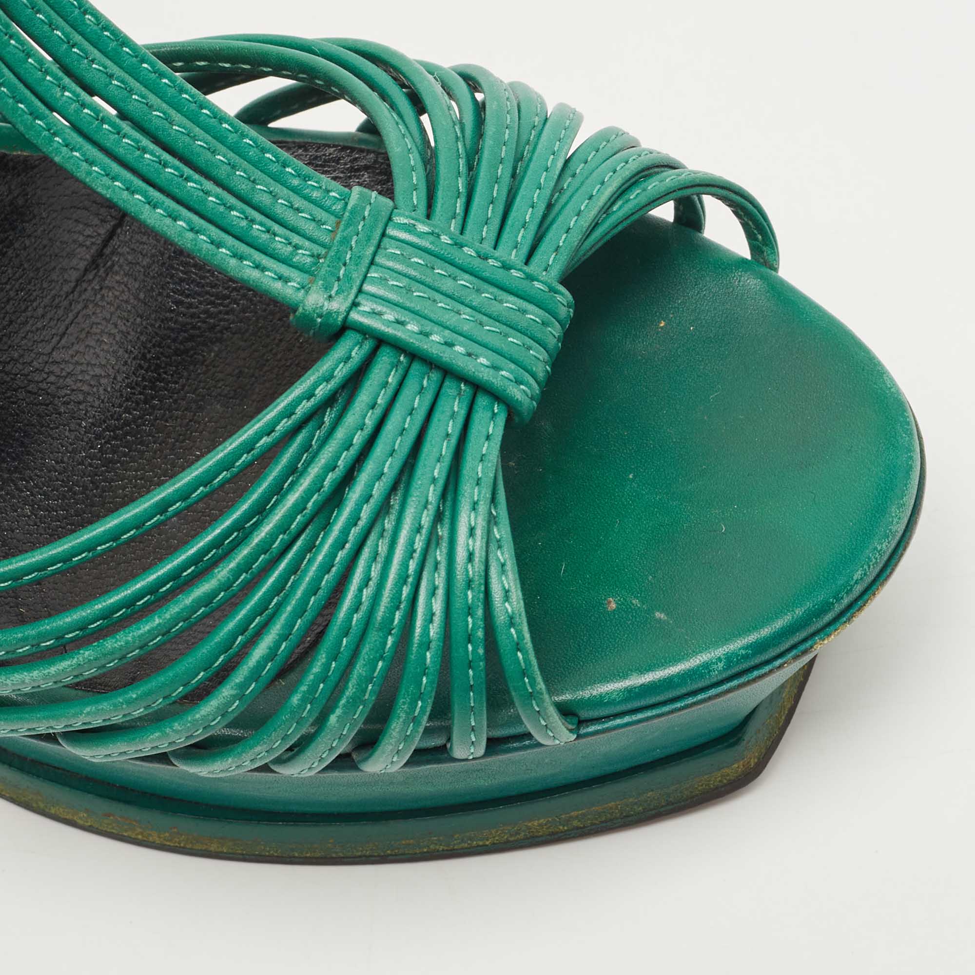 Saint Laurent Green Leather  Platform Ankle Strap Sandals Size 39