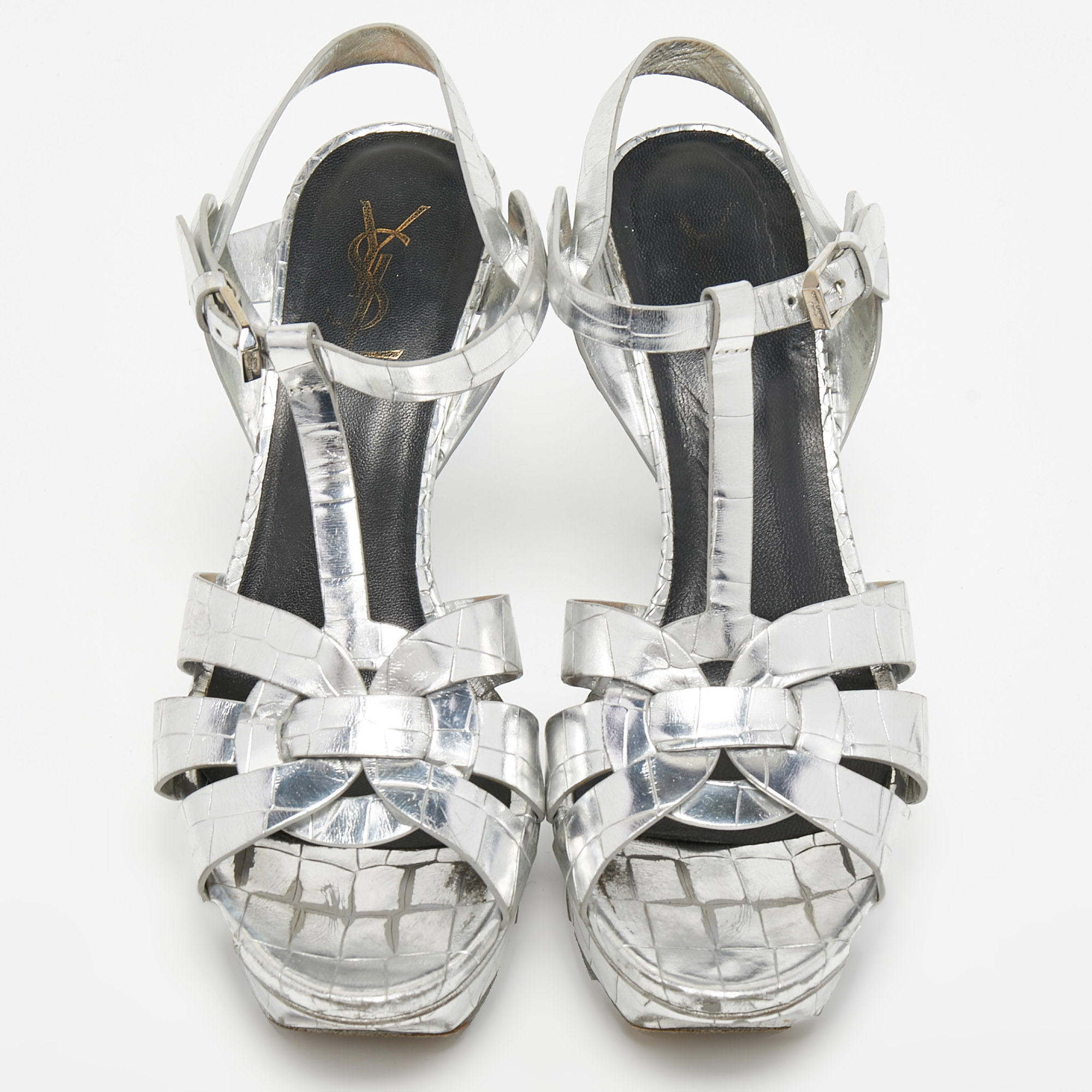 Saint Laurent Silver Croc Embossed Leather Tribute Sandals Size 38