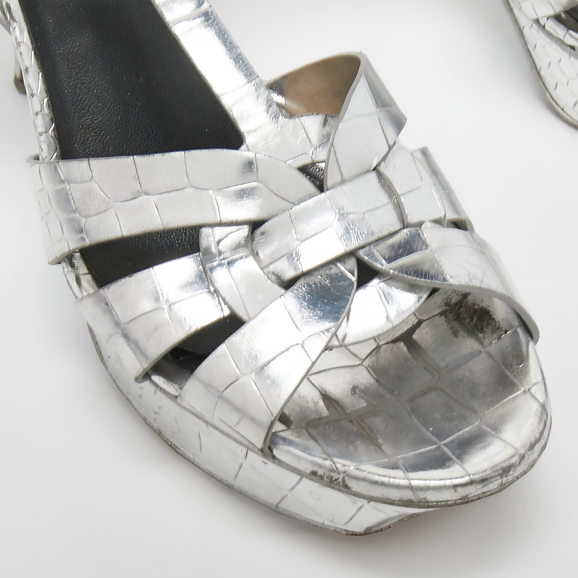 Saint Laurent Silver Croc Embossed Leather Tribute Sandals Size 38