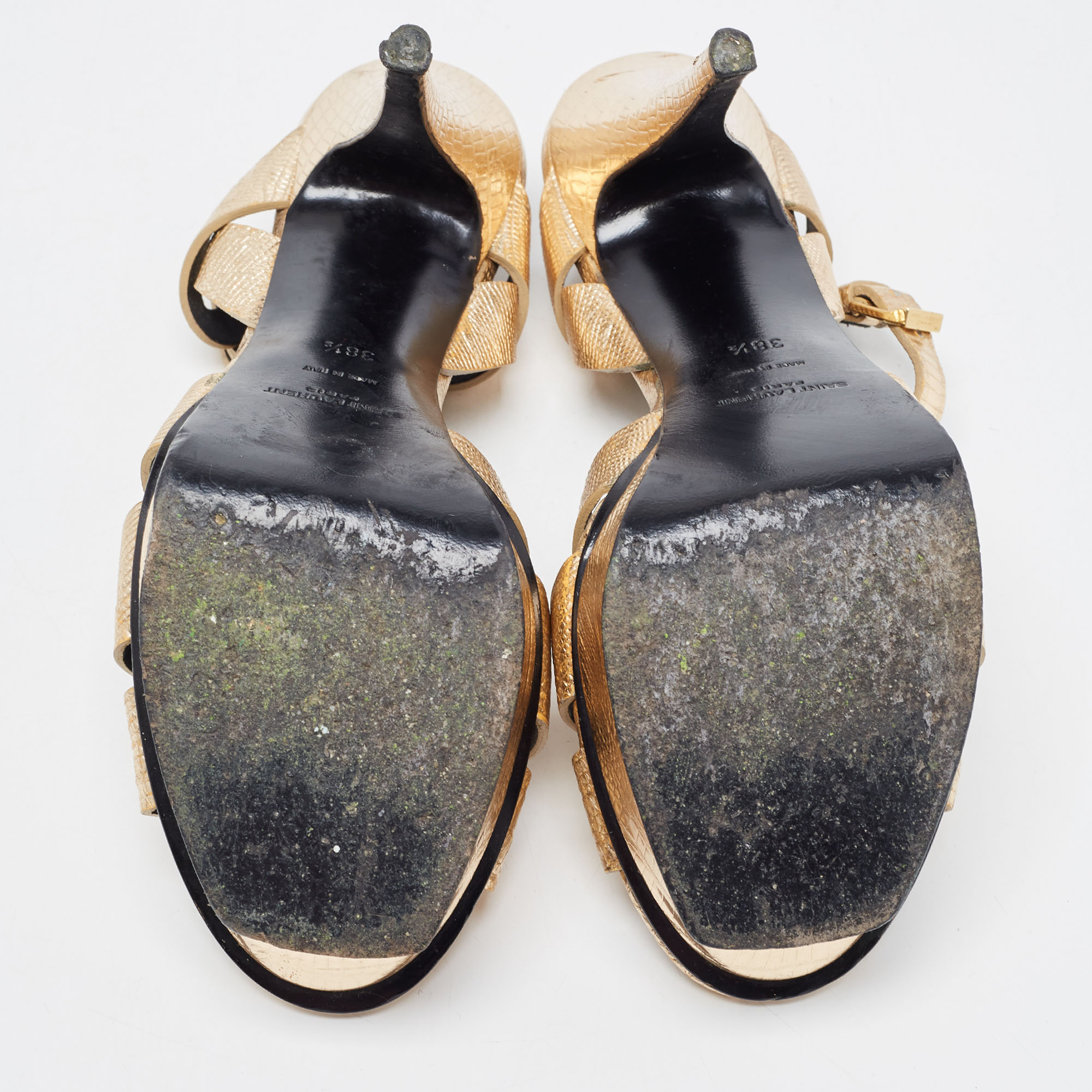 Saint Laurent Gold Croc Embossed Tribute  Ankle Strap Sandals Size 38.5
