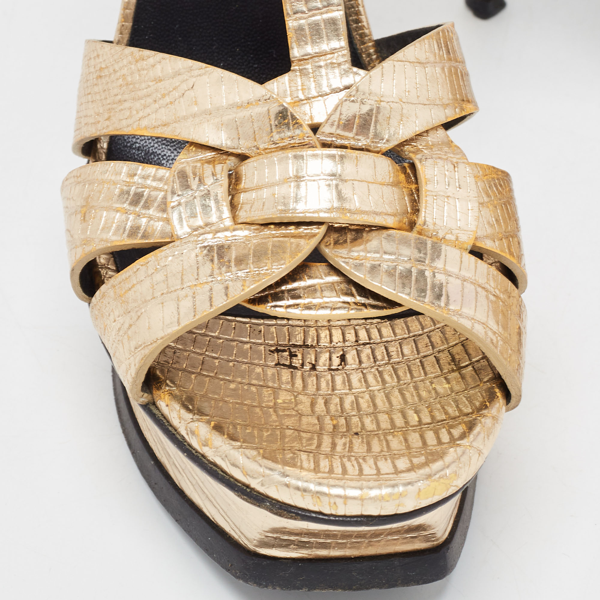 Saint Laurent Gold Croc Embossed Tribute  Ankle Strap Sandals Size 38.5