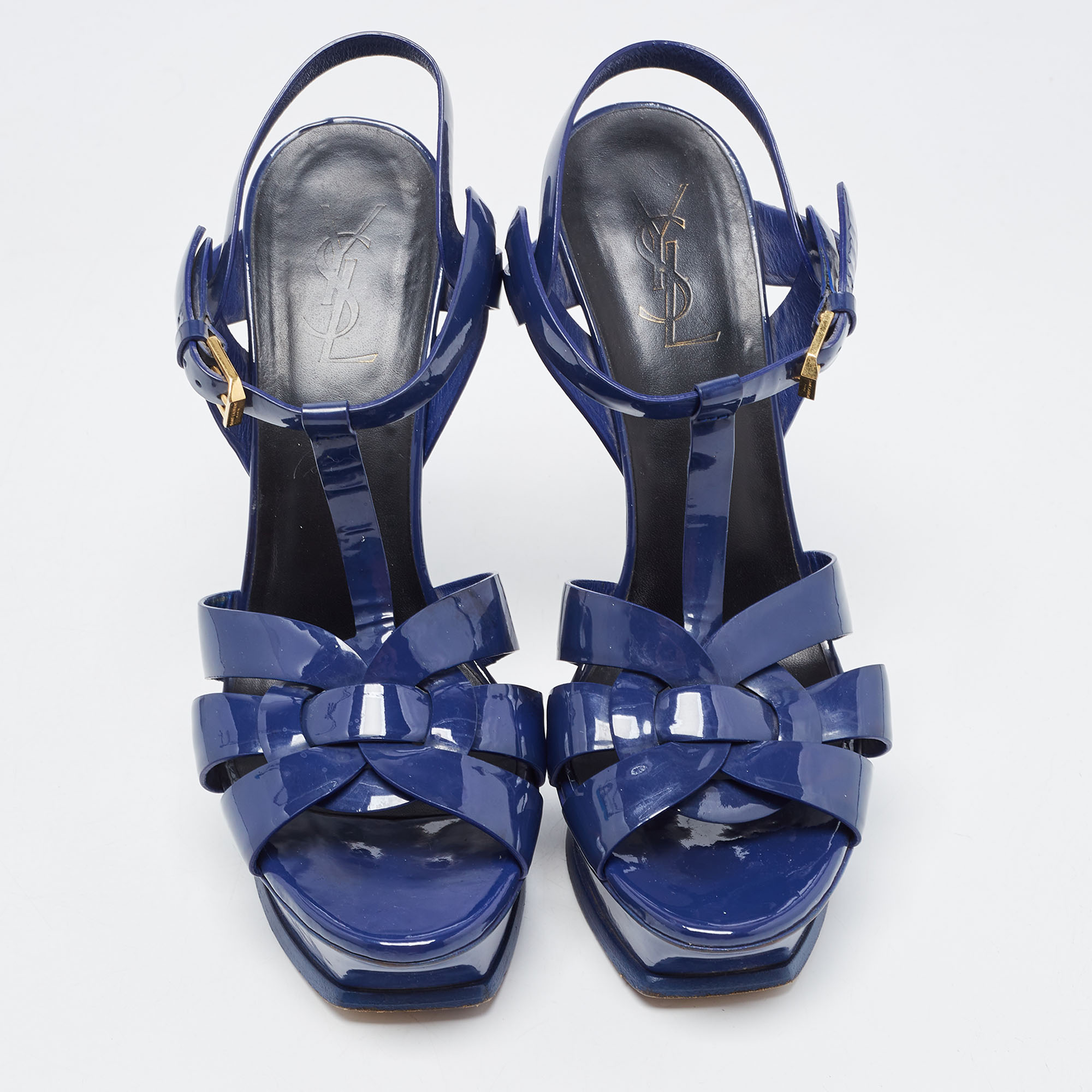 Saint Laurent Blue Patent Leather Tribute Platform Sandals  Size 39