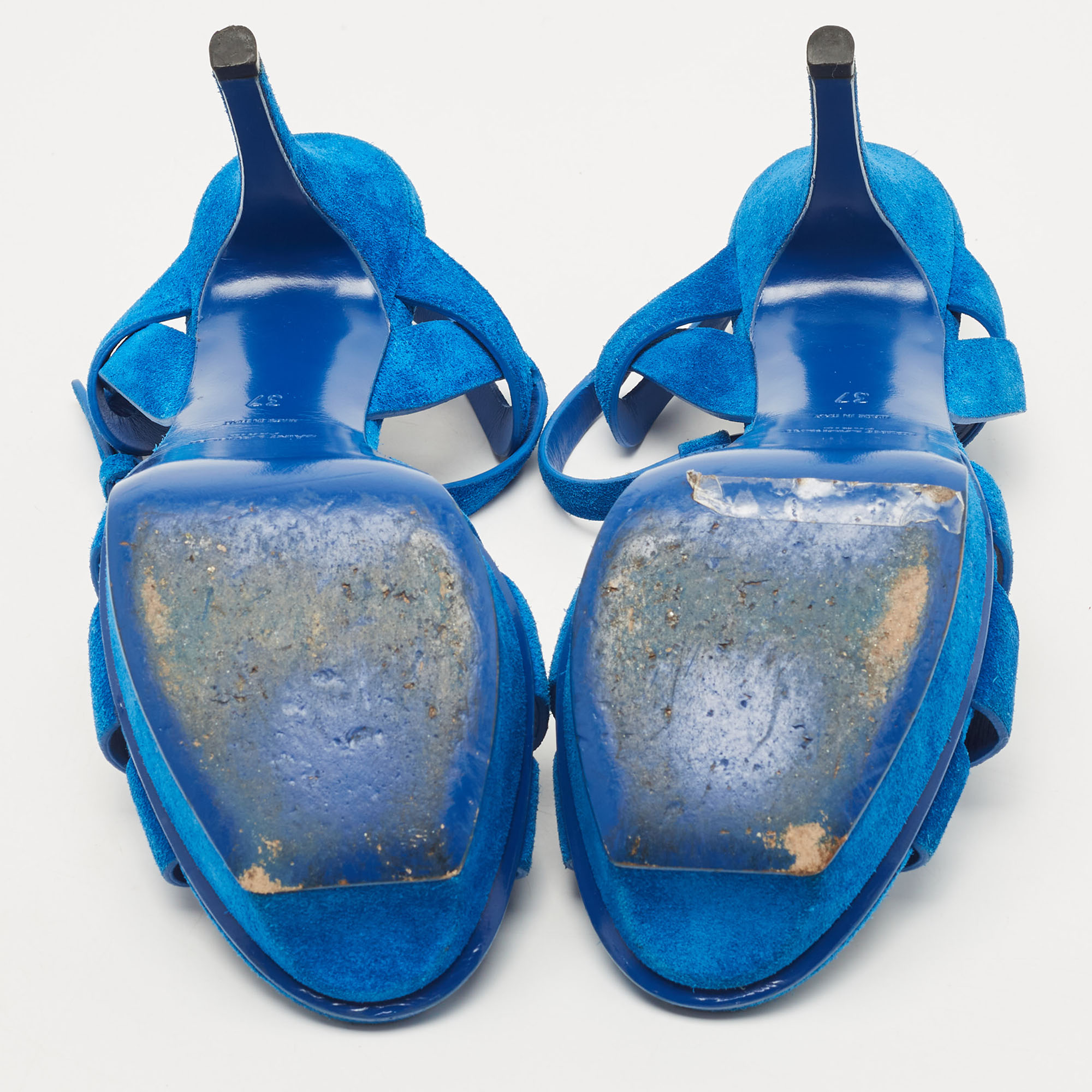 Saint Laurent Blue Suede Tribute Ankle Strap Sandals Size 37