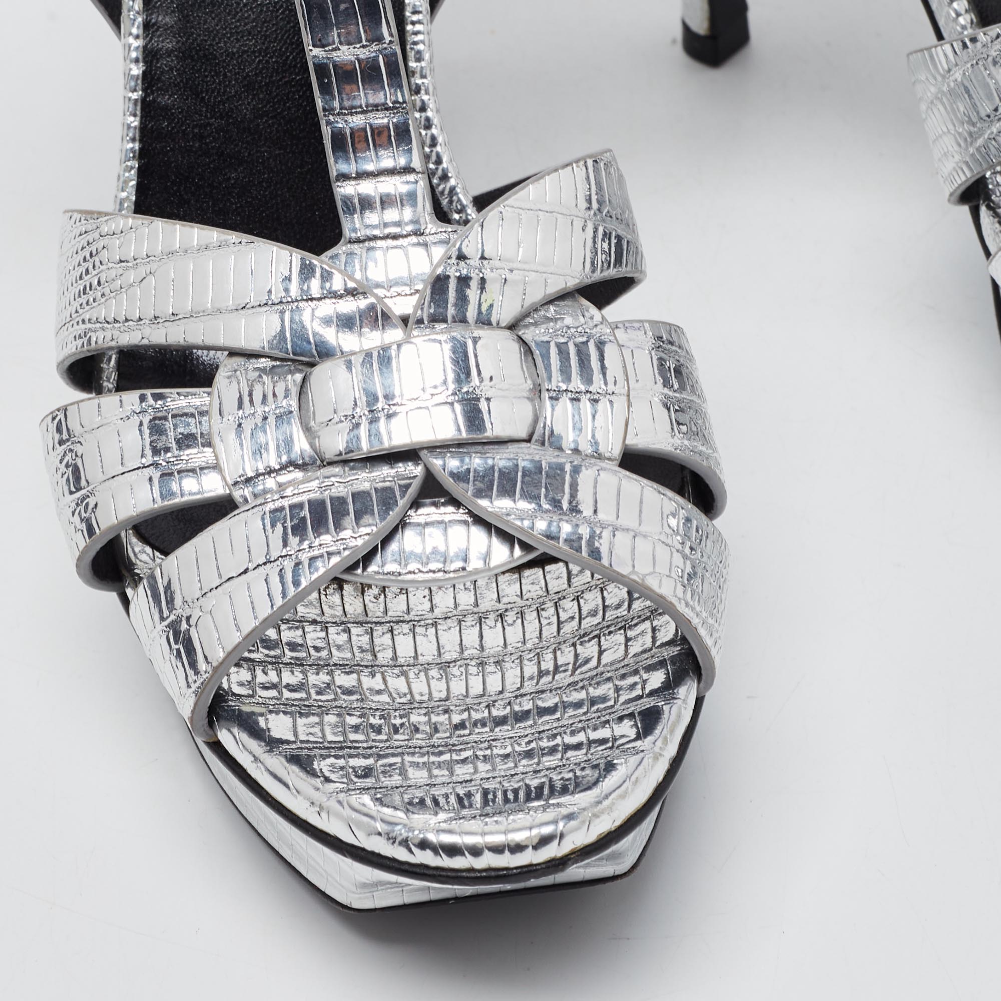 Saint Laurent Silver Lizard Embossed Leather Tribute Sandals Size 35.5