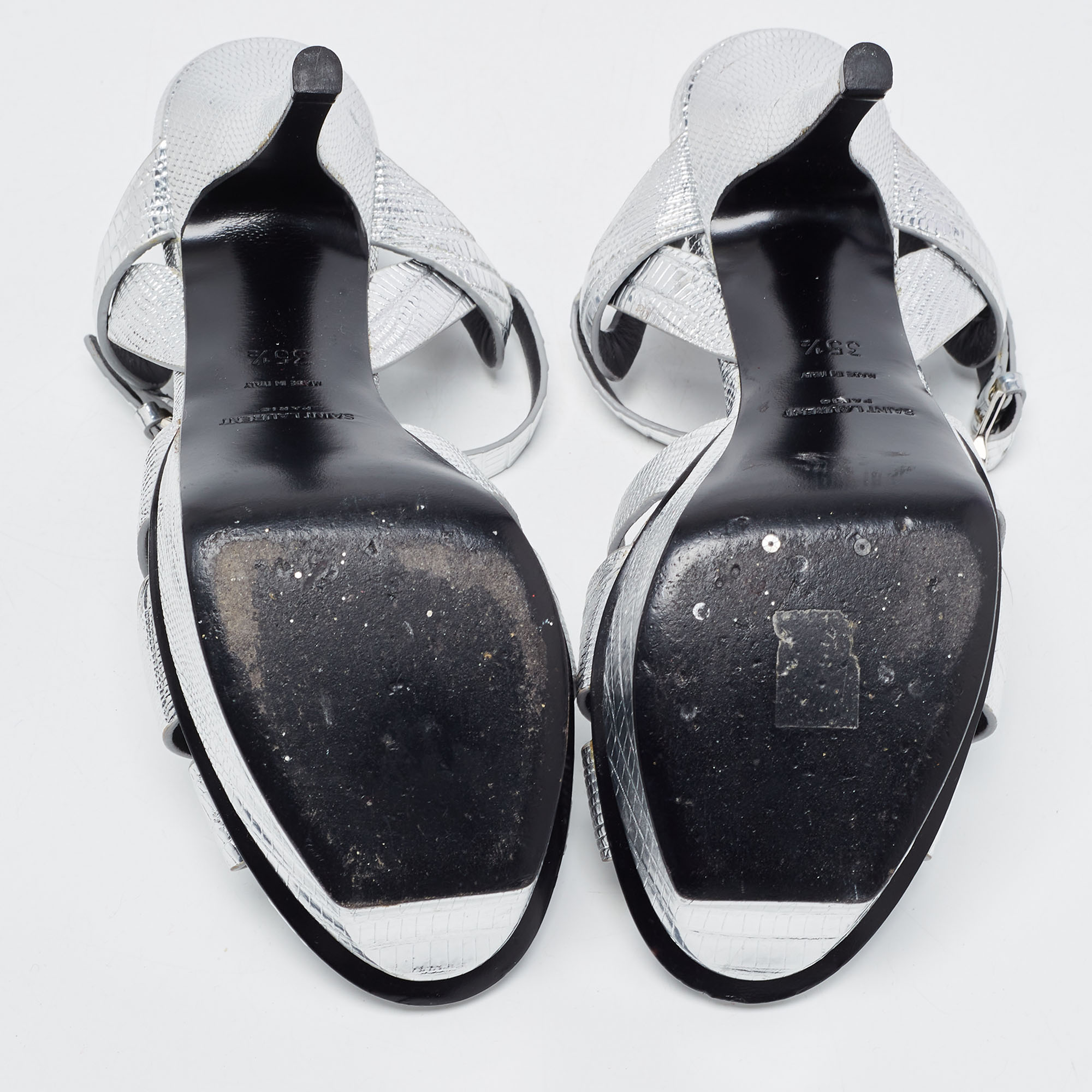 Saint Laurent Silver Lizard Embossed Leather Tribute Sandals Size 35.5
