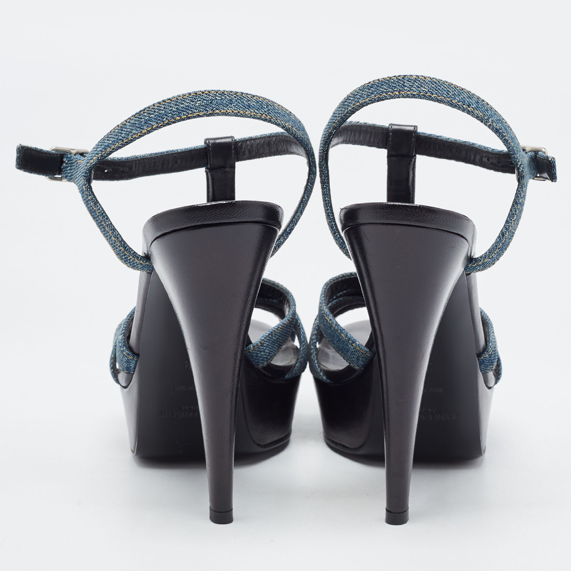 Saint Laurent Blue/Black Denim And Studded Leather Platform Ankle Strap Sandals Size 38