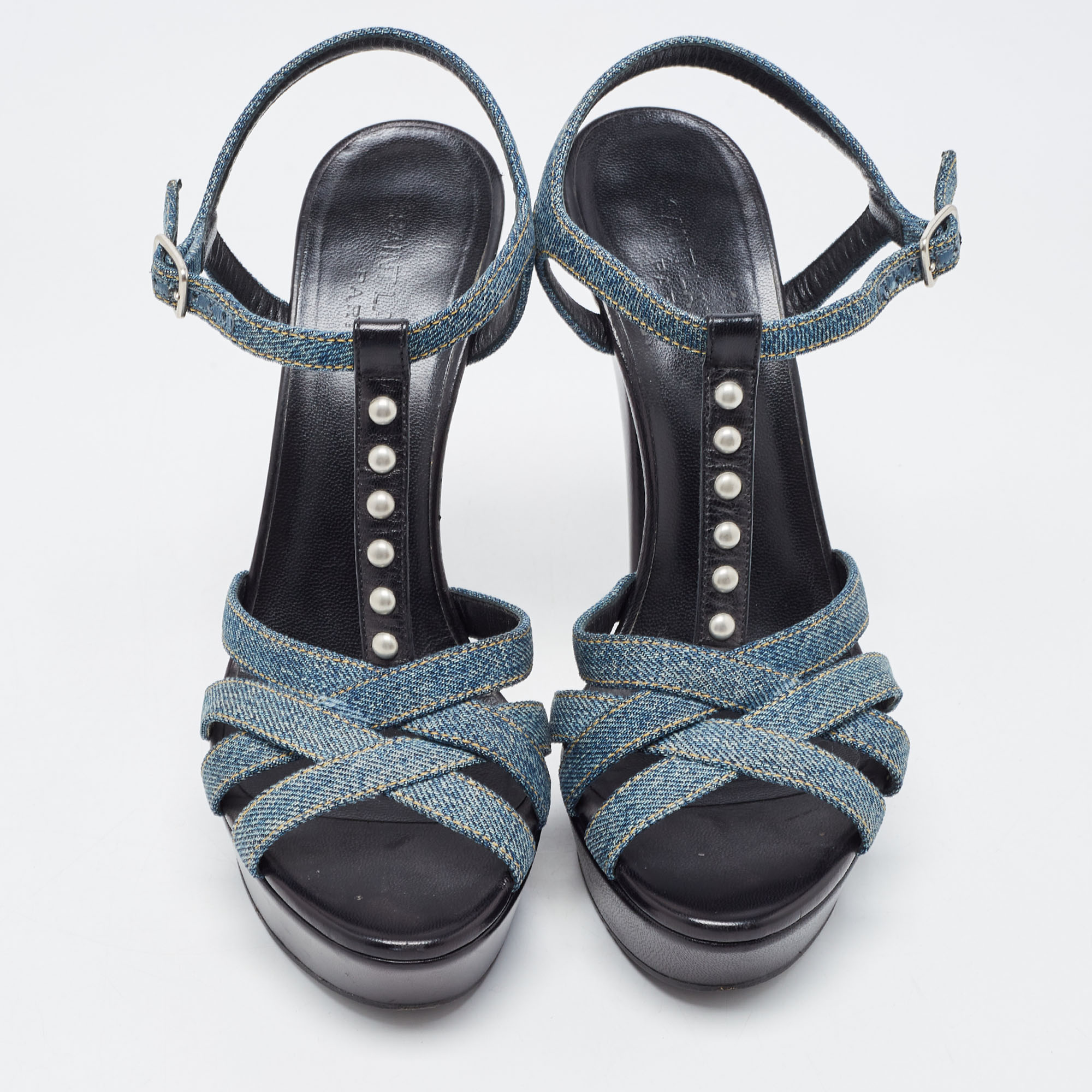 Saint Laurent Blue/Black Denim And Studded Leather Platform Ankle Strap Sandals Size 38