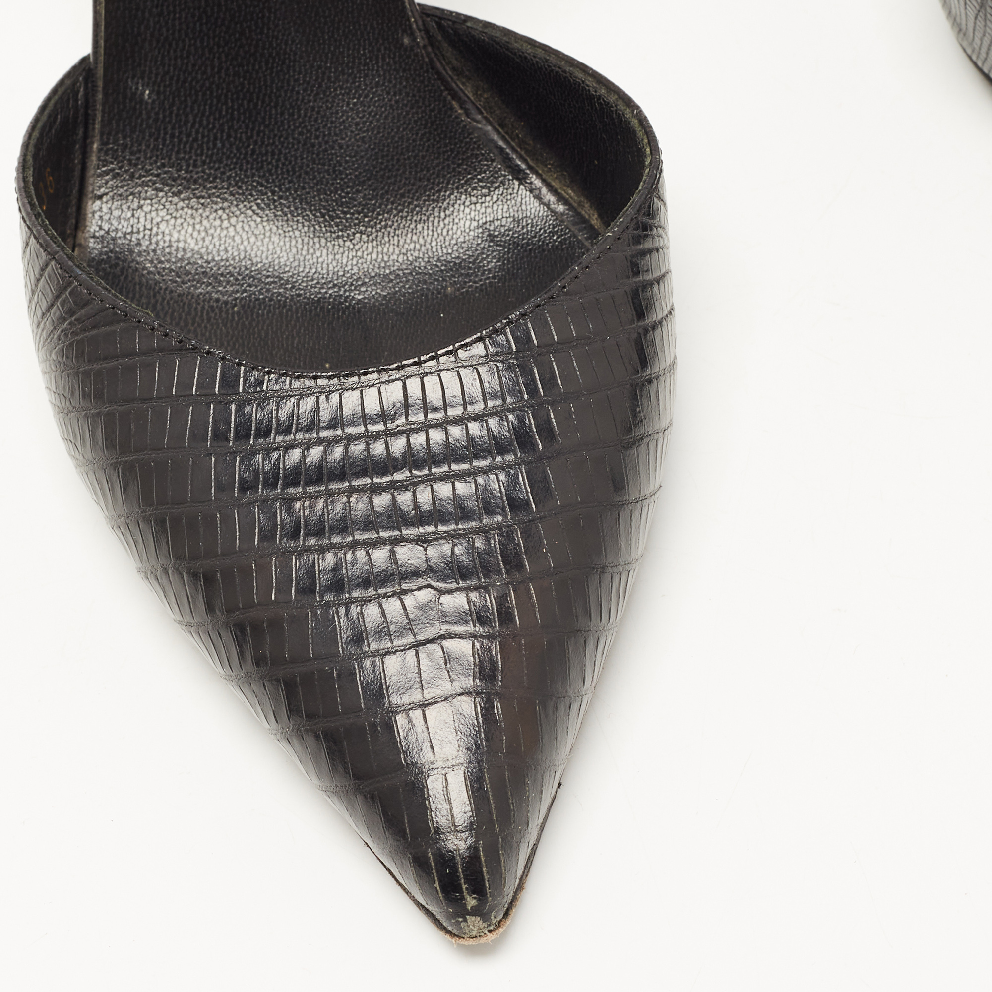 Saint Laurent Black Lizard Embossed Leather Slingback Pumps Size 36