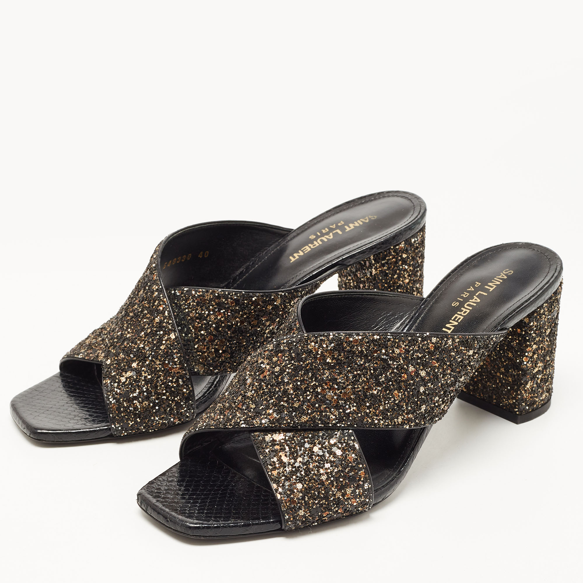 

Saint Laurent Paris Black Gold/Black Glitters Loulou Criss Cross Block Heel Slide Sandals Size