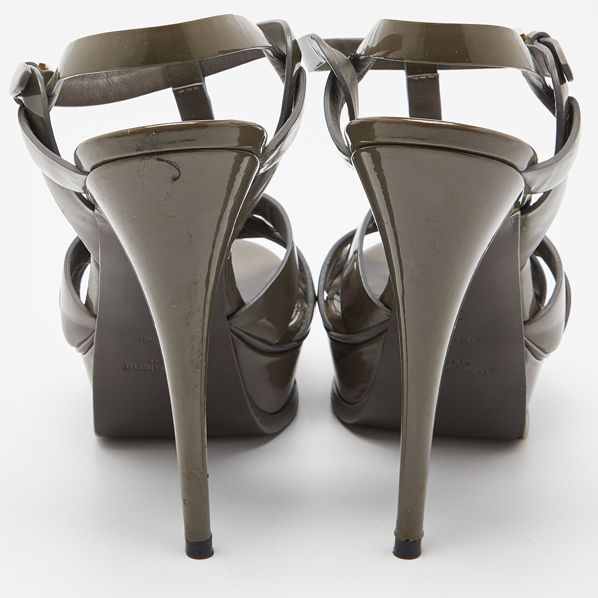 Saint Laurent Grey Patent Leather Tribute Sandals Size 39