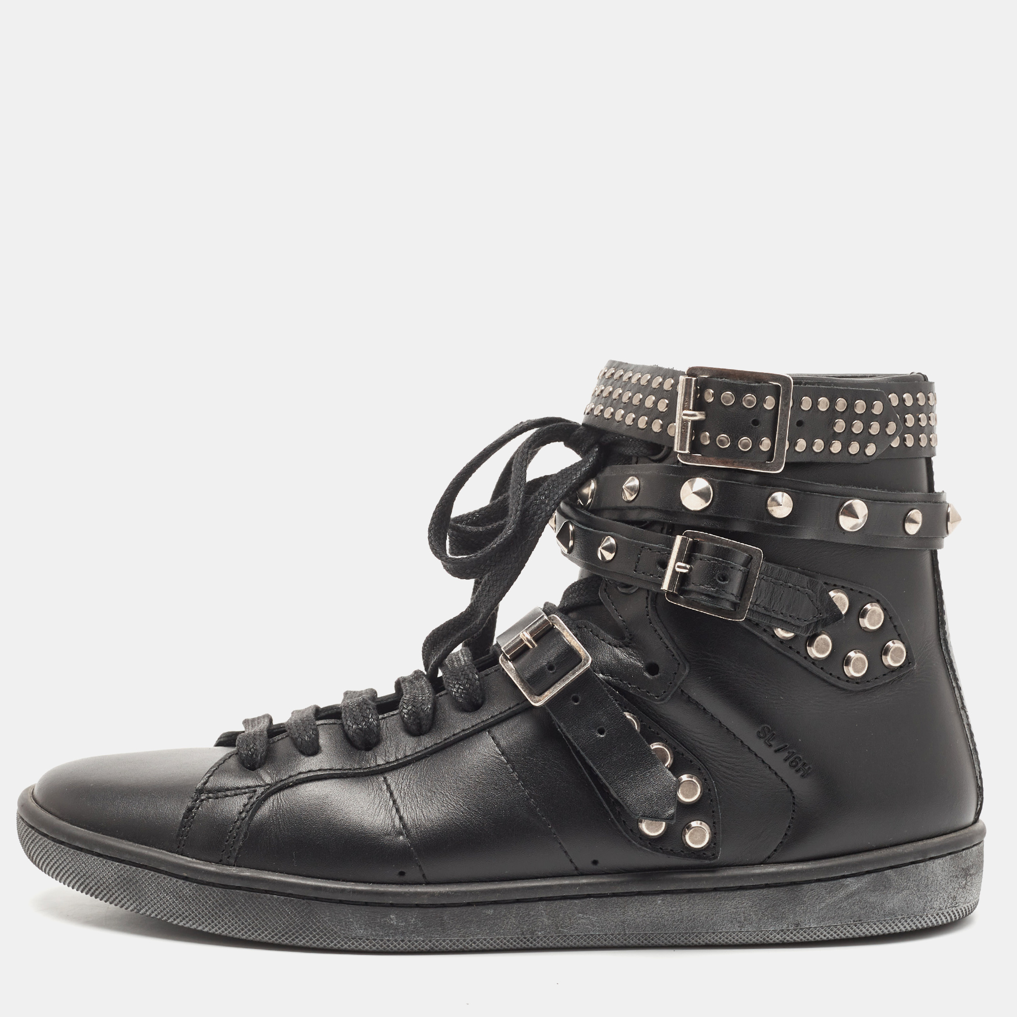 Saint Laurent Black Leather Studded High Top Sneakers Size 38