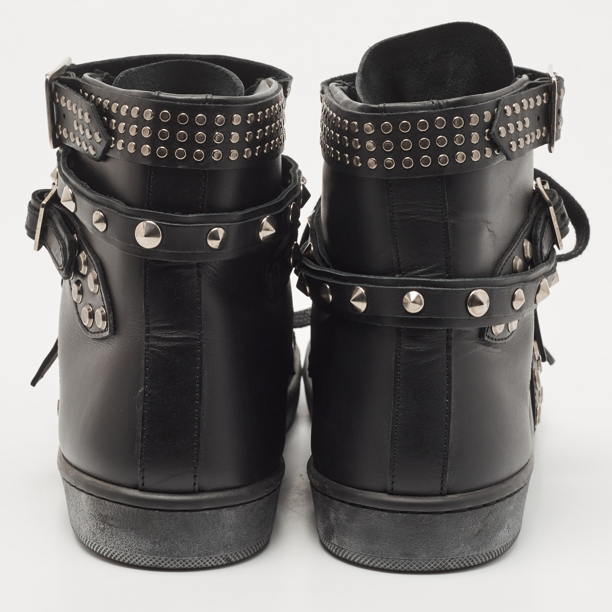 Saint Laurent Black Leather Studded High Top Sneakers Size 38