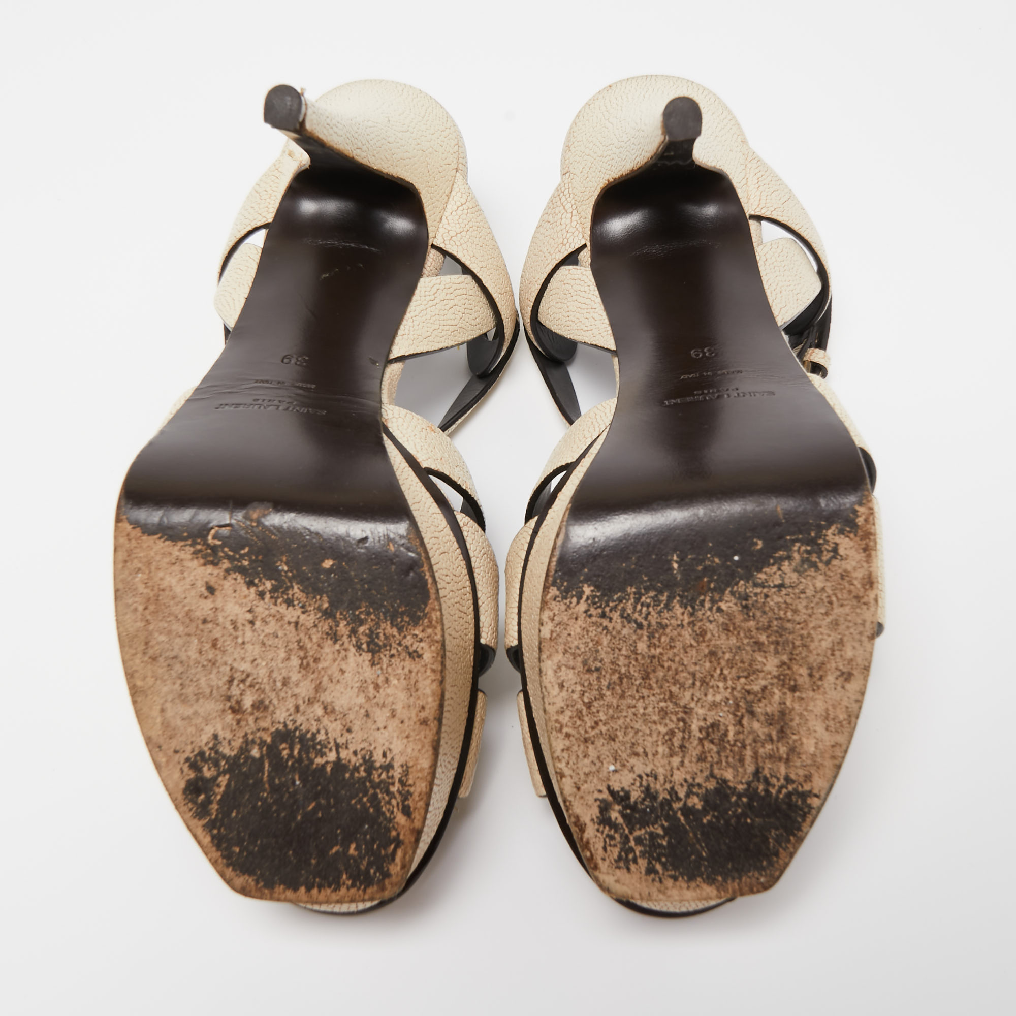 Saint Laurent Cream Textured Leather Tribute Platform Ankle Strap Sandals Size 39