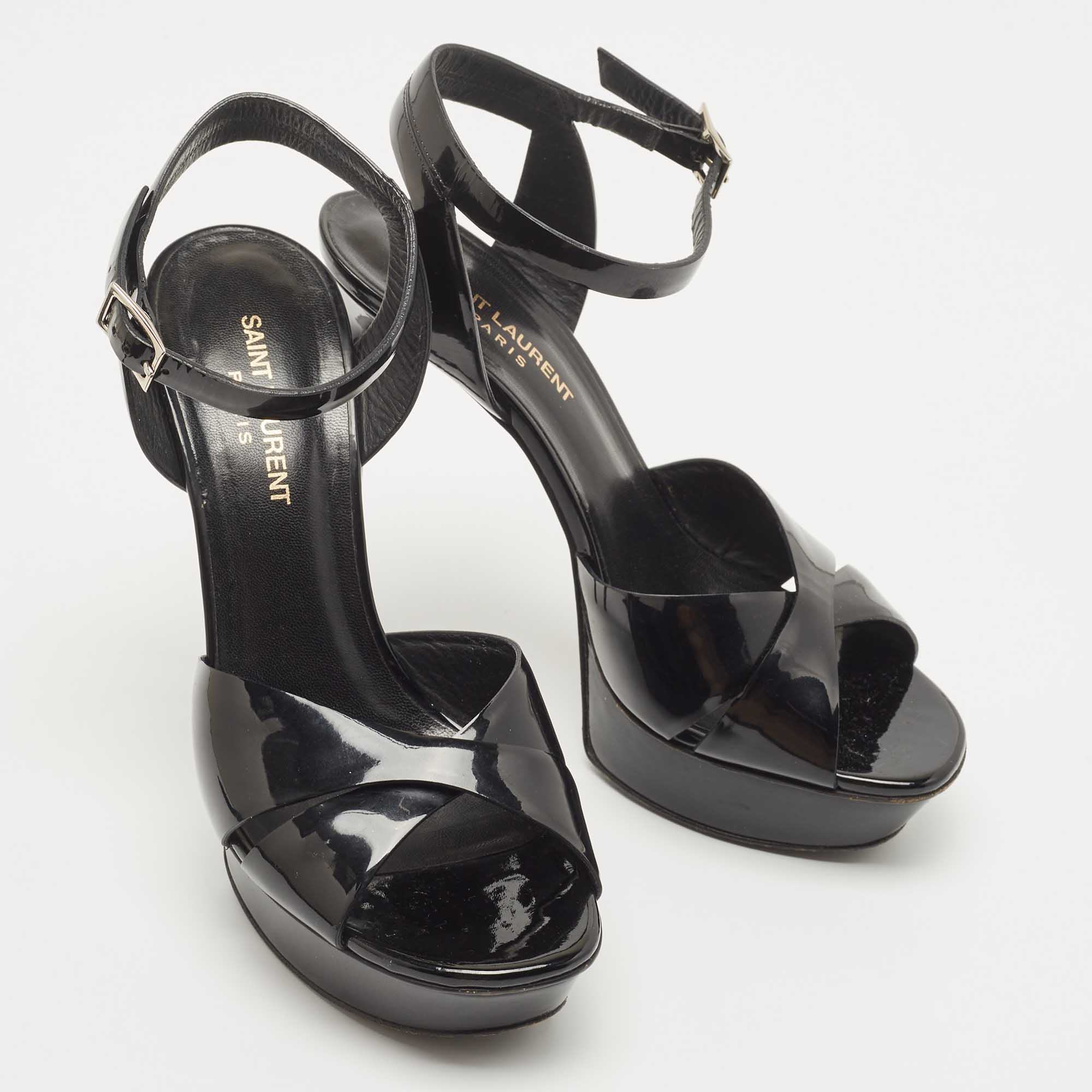 Saint Laurent Black Patent Leather Ankle Strap Sandals Size 39