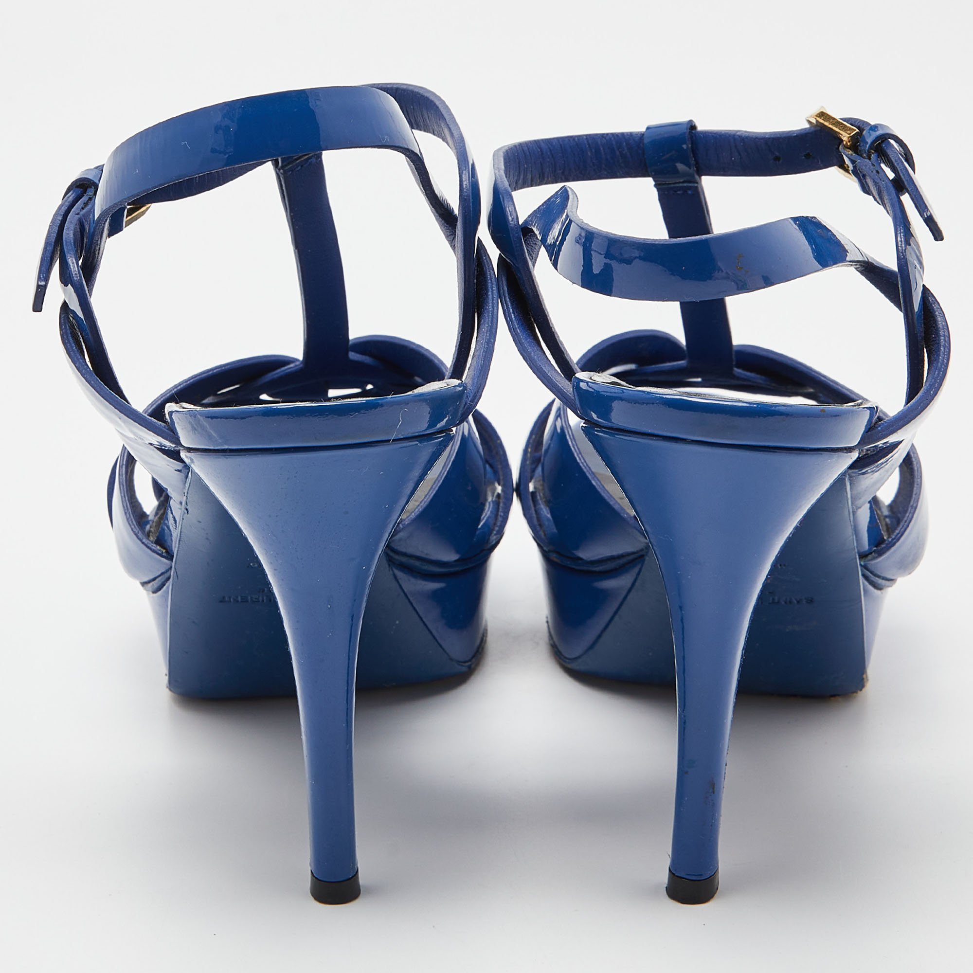 Saint Laurent Blue Patent Leather Tribute Platform Sandals Size 39