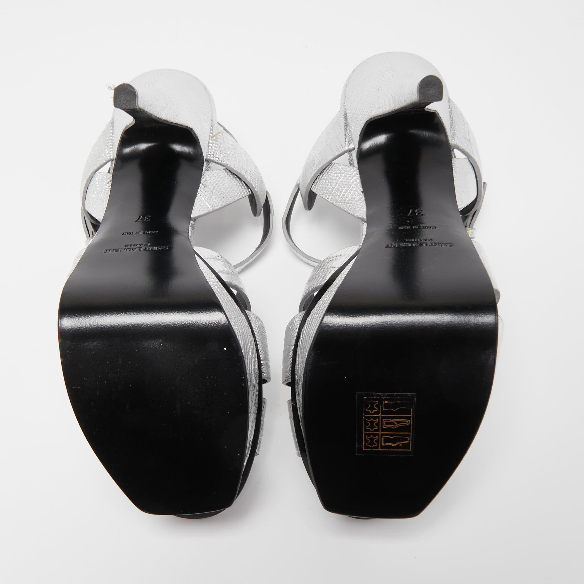 Saint Laurent Silver Lizard Embossed Leather Tribute Sandals Size 37