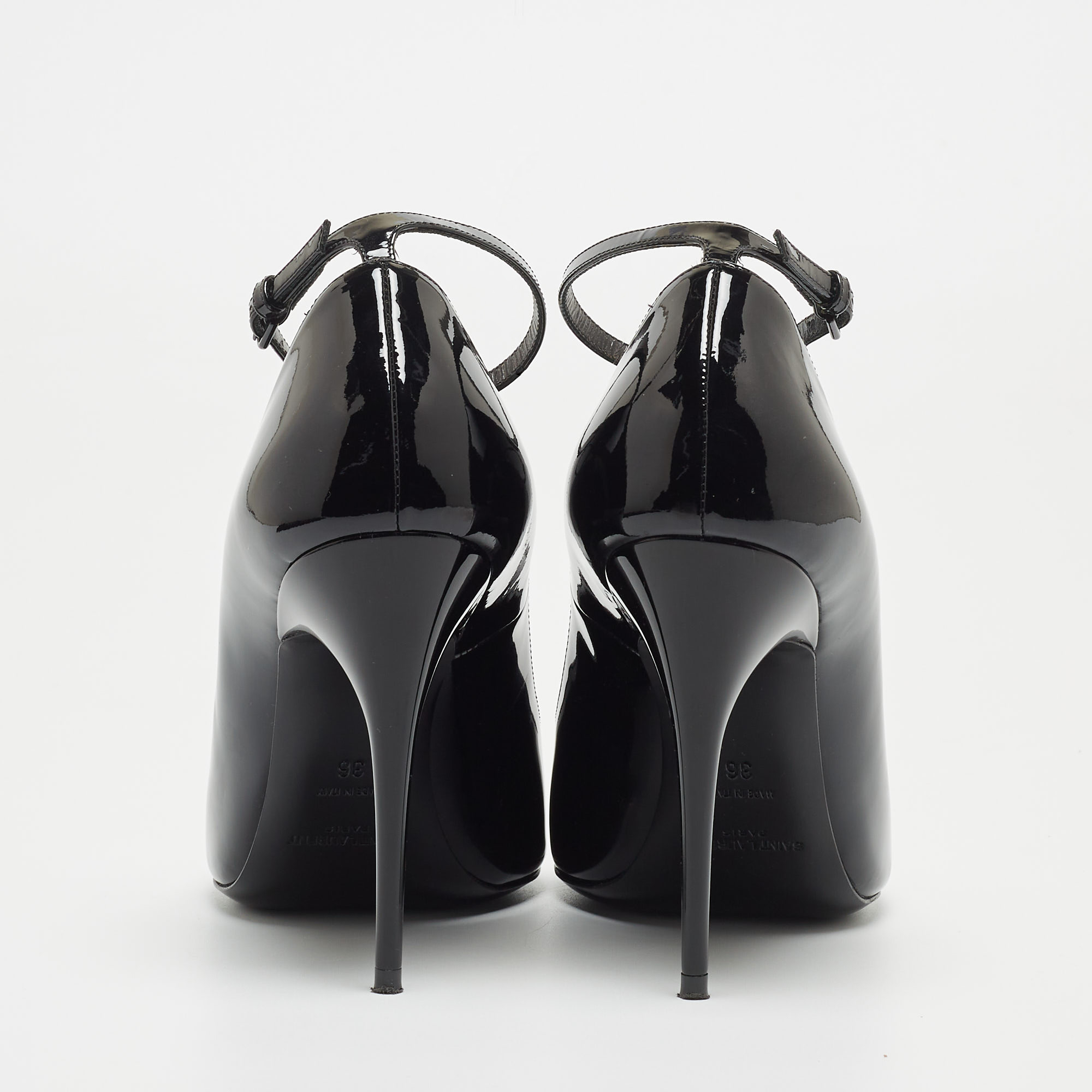Saint Laurent Black Patent Leather Open Pointed Toe Ankle Strap Pumps Size 36