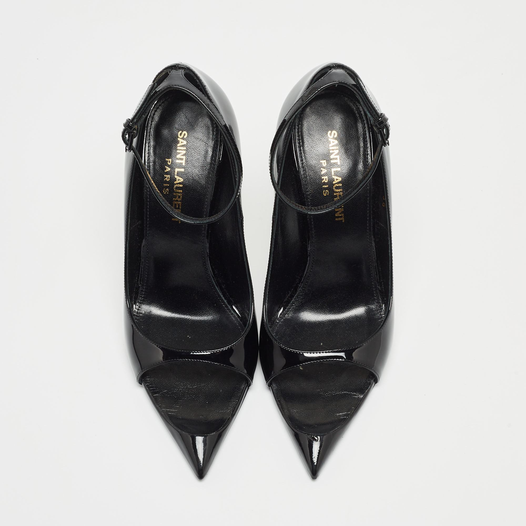 Saint Laurent Black Patent Leather Open Pointed Toe Ankle Strap Pumps Size 36
