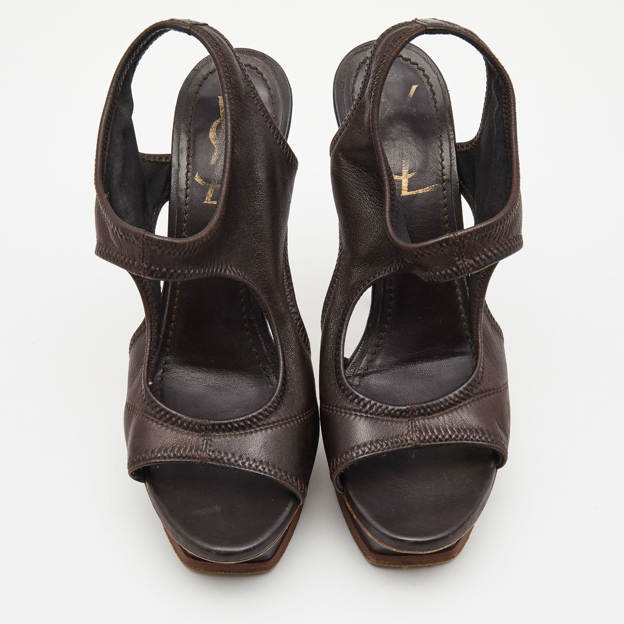Saint Laurent Dark Brown Leather Cut Out Platform Sandals Size 37.5