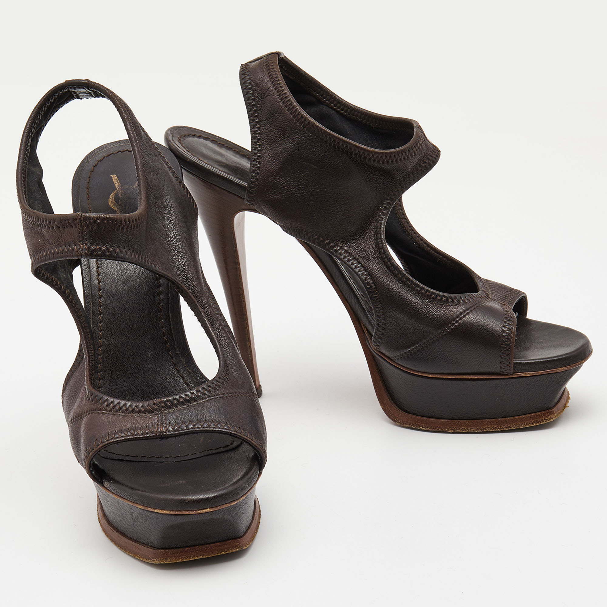 Saint Laurent Dark Brown Leather Cut Out Platform Sandals Size 37.5