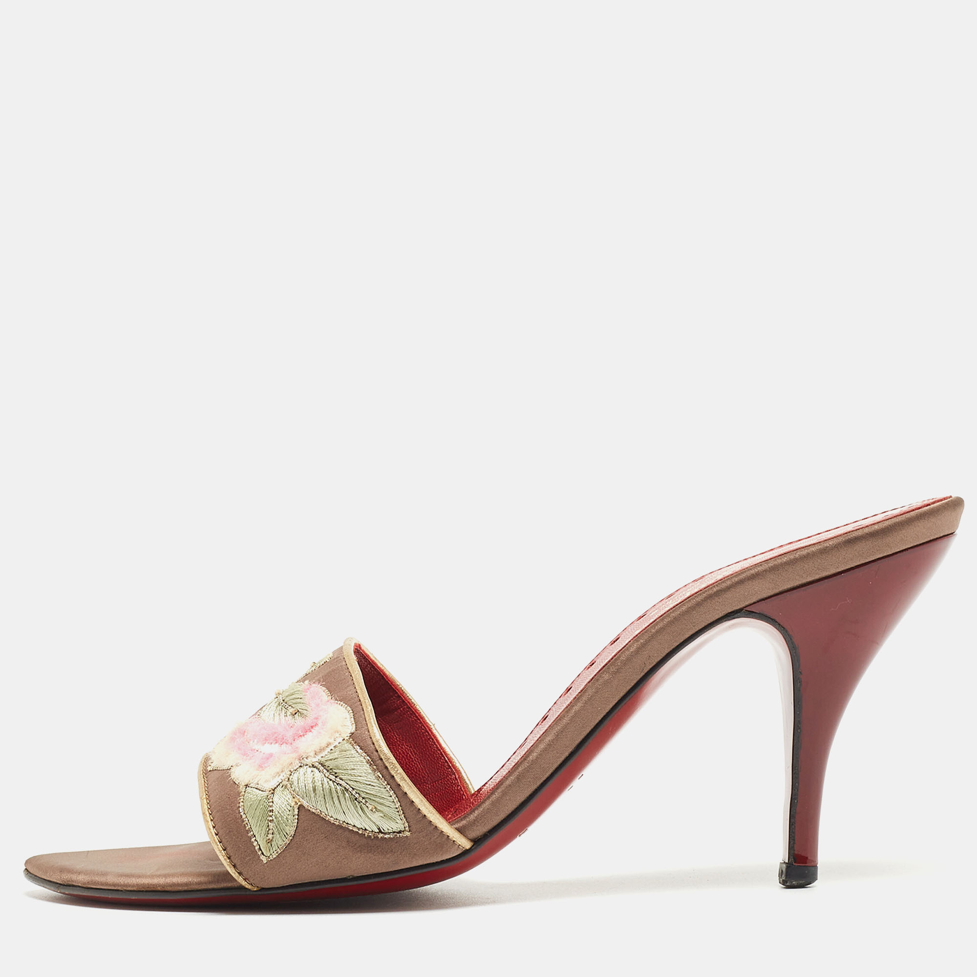 Saint Laurent Brown Satin Embroidered Slide Sandals Size 37.5