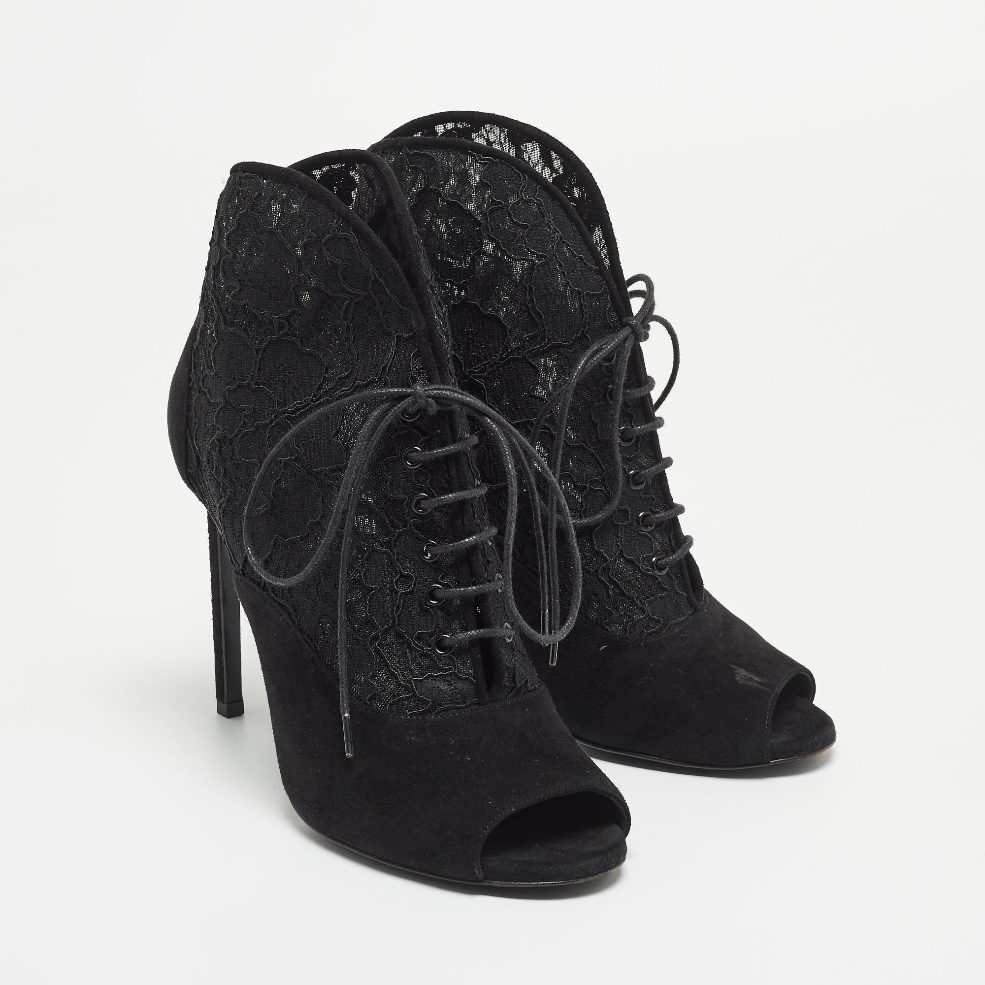 Saint Laurent Black Suede And Lace Open Toe Ankle Booties Size 39.5