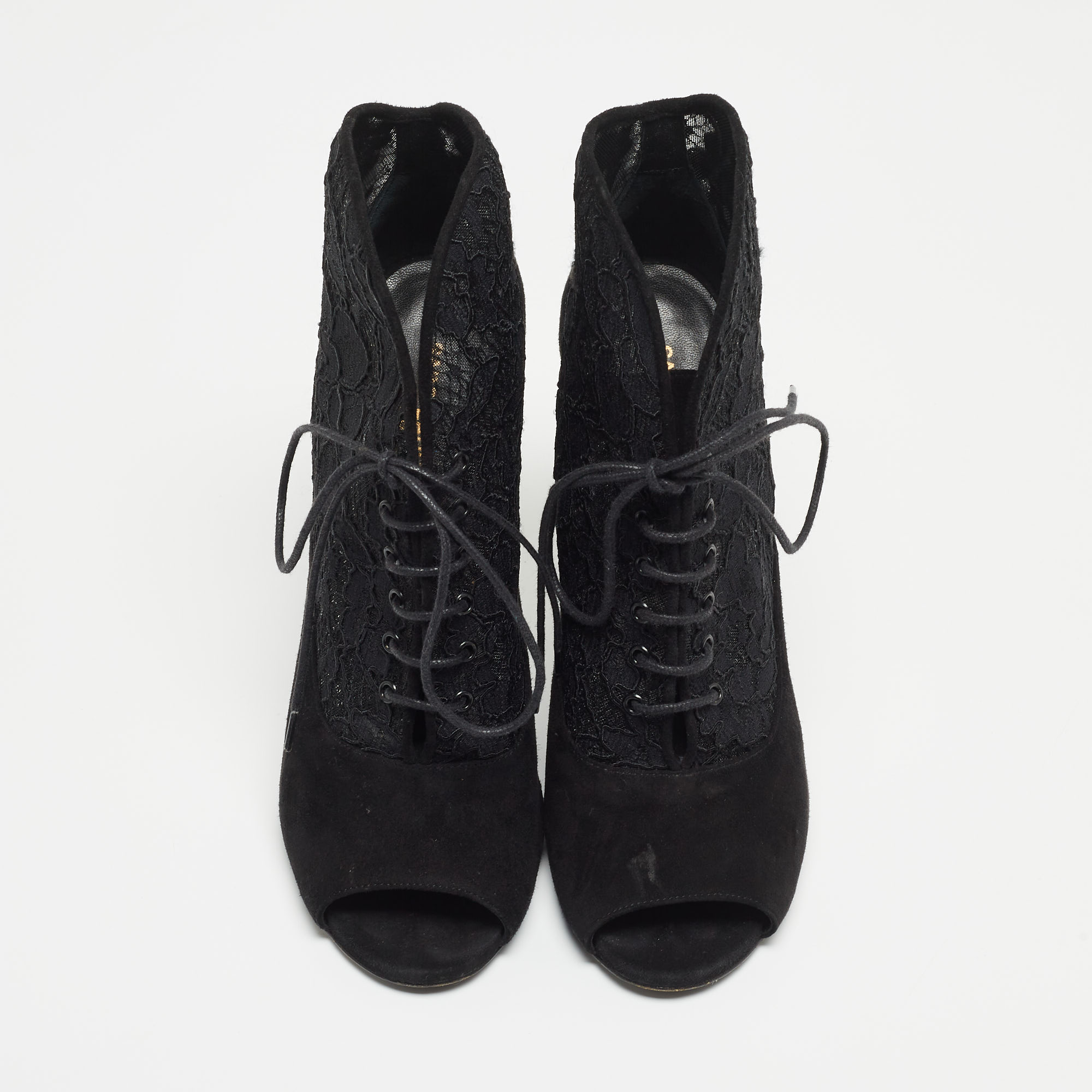 Saint Laurent Black Suede And Lace Open Toe Ankle Booties Size 39.5