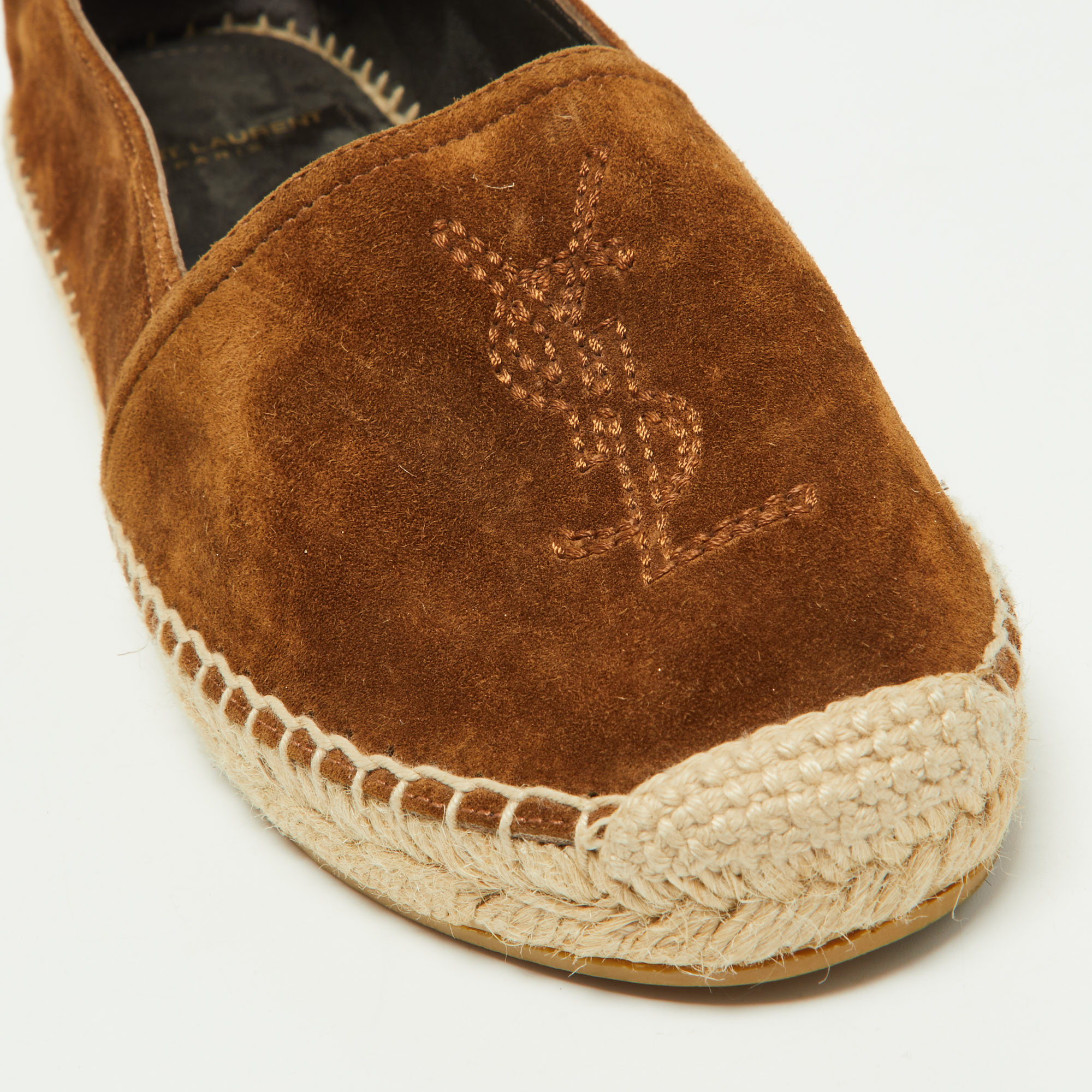 Saint Laurent Brown Suede Cassandra Espadrilles Slip On Loafers Size 37.5