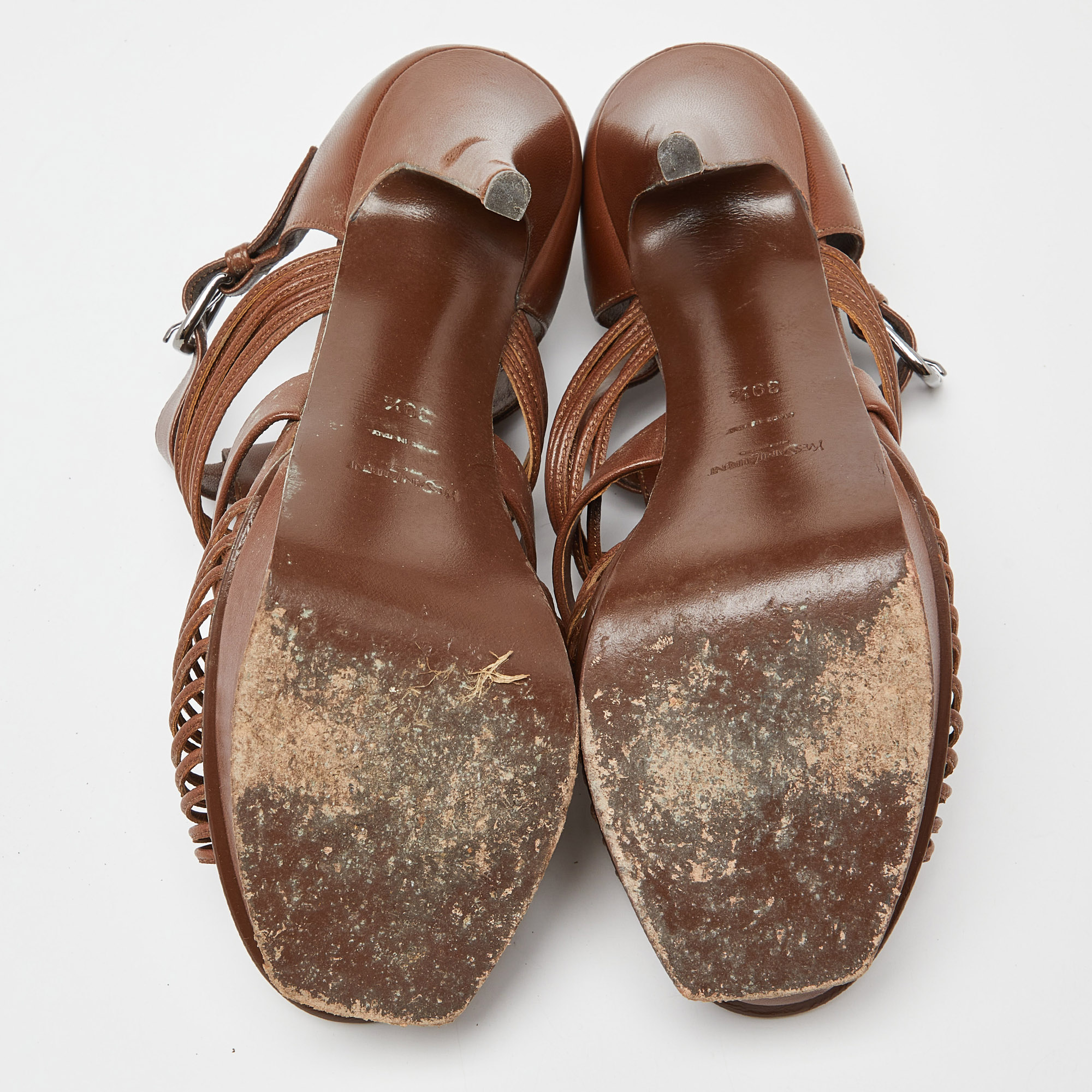 Saint Laurent Brown Leather Strappy Platform Sandals Size 39.5