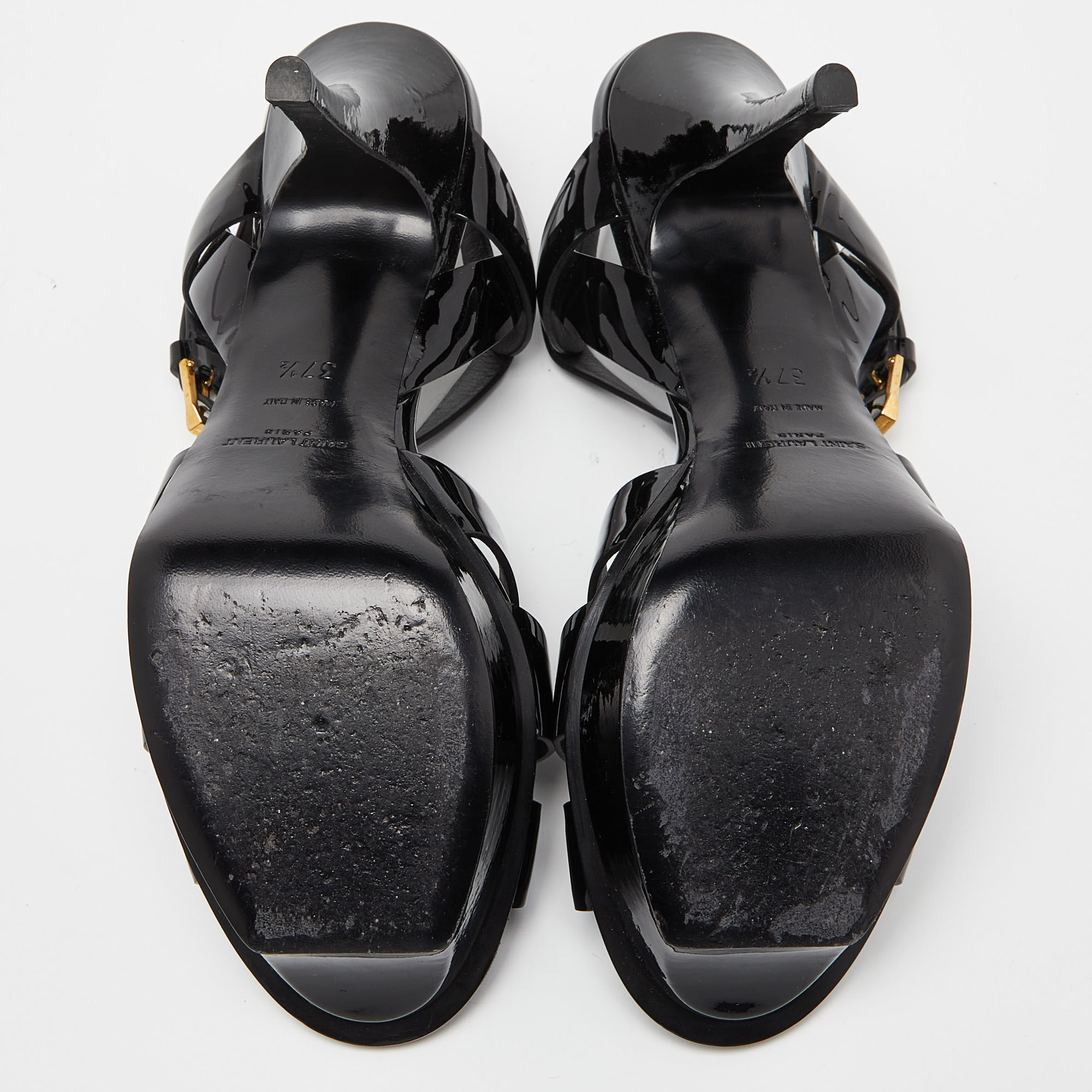 Saint Laurent Black Patent Leather Tribute Ankle Strap Sandals Size 37.5