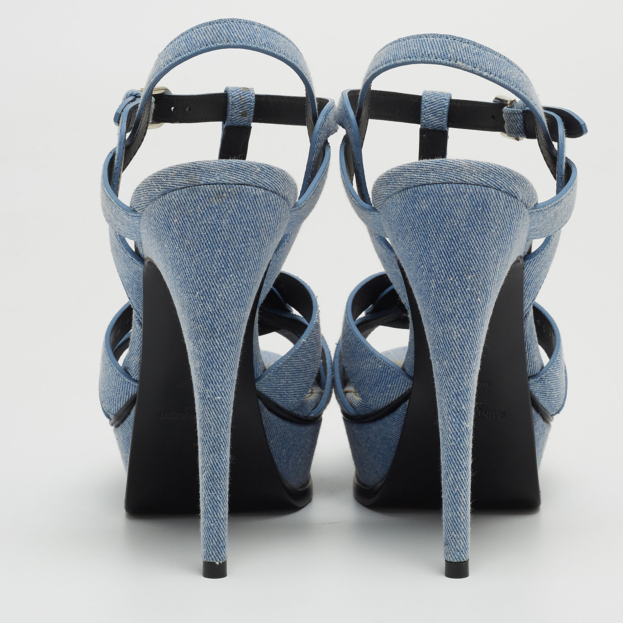 Saint Laurent Navy Blue Denim Tribute Platform Ankle Strap Sandals Size 37
