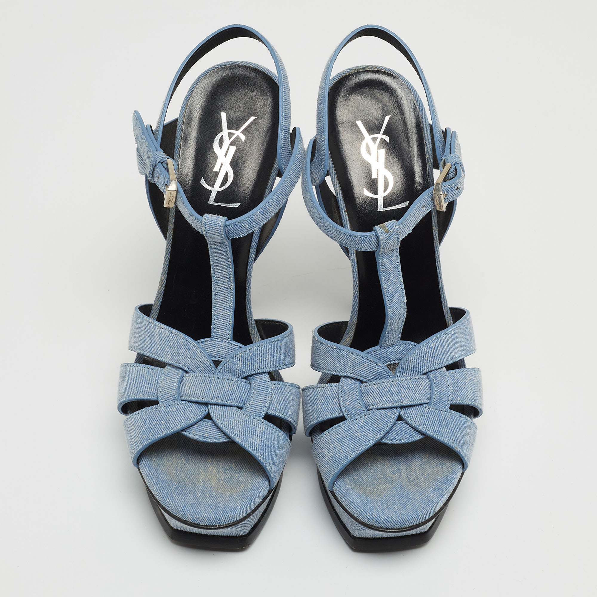 Saint Laurent Navy Blue Denim Tribute Platform Ankle Strap Sandals Size 37