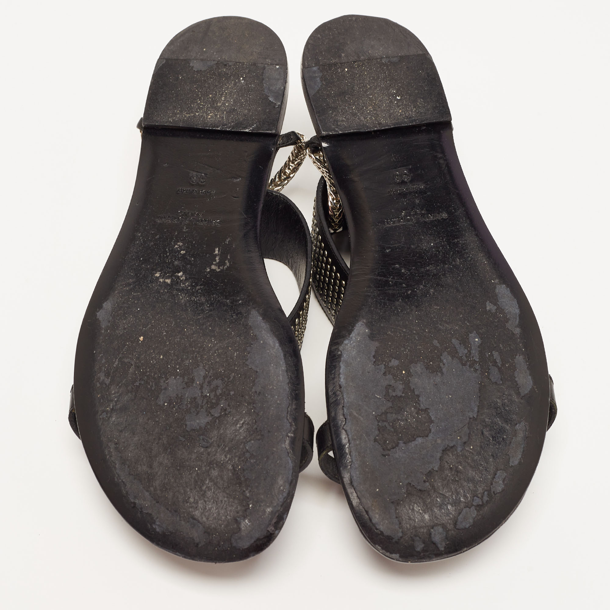 Saint Laurent Black Leather Studded Ankle Cuff Flat Sandals Size 36