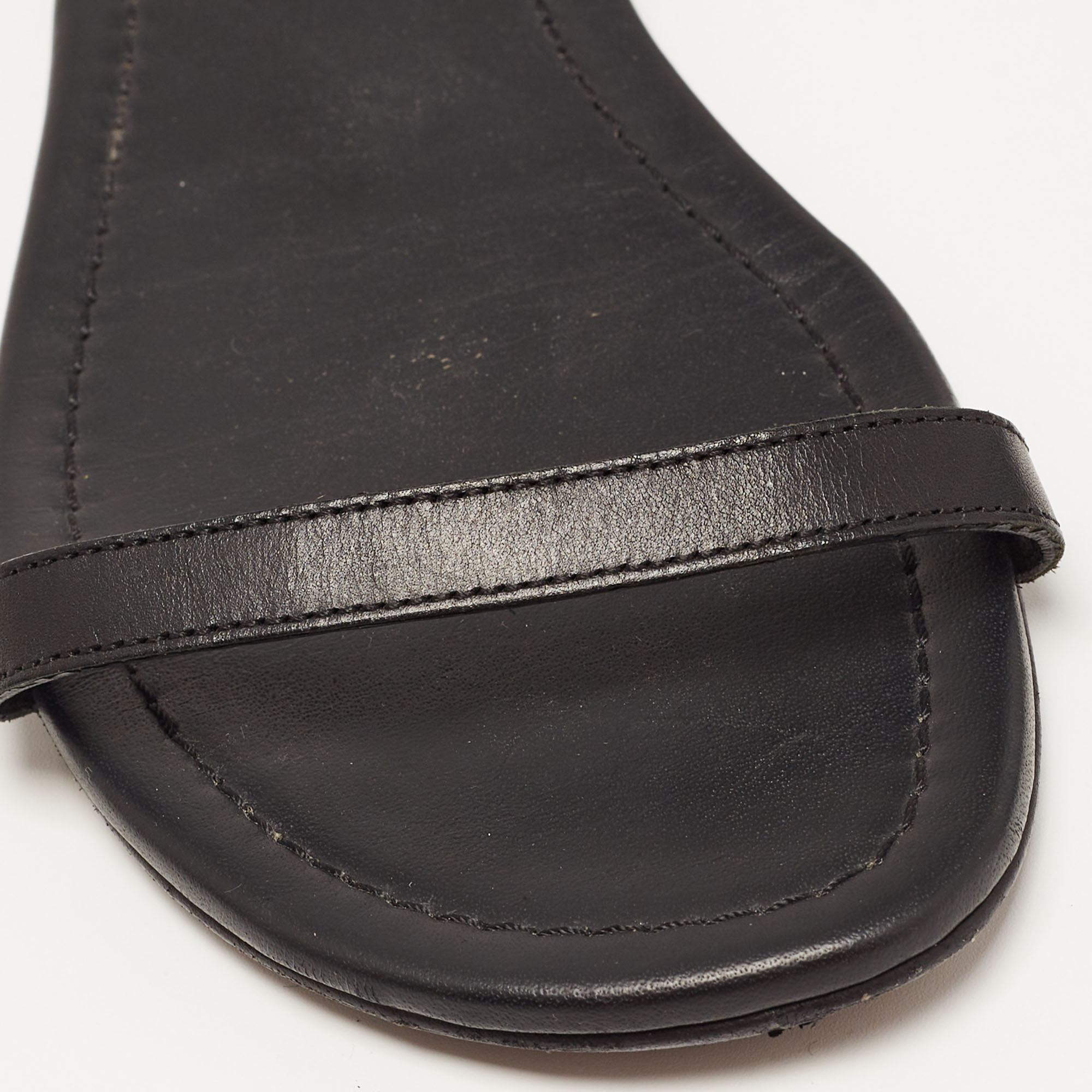 Saint Laurent Black Leather Studded Ankle Cuff Flat Sandals Size 36
