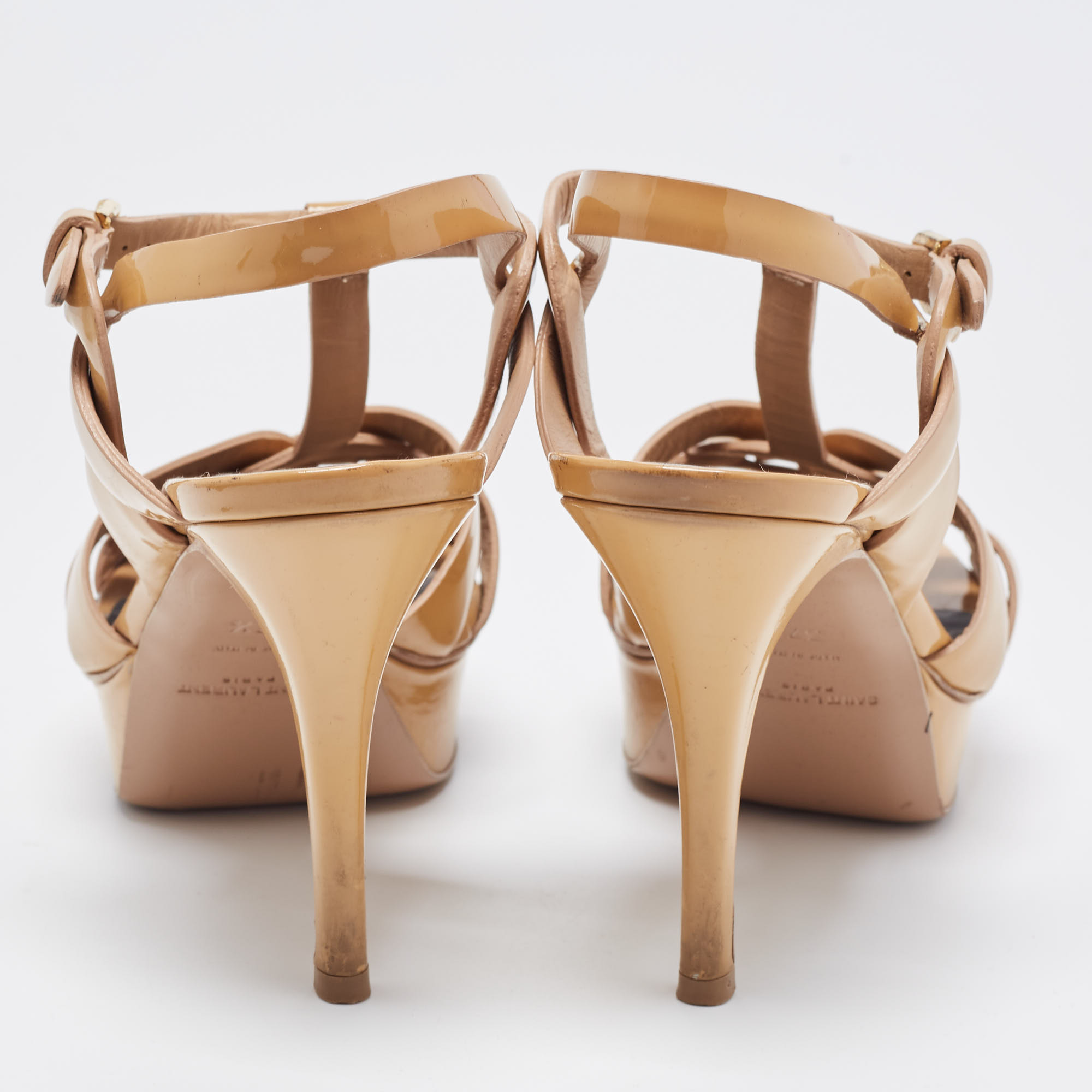 Saint Laurent Beige Patent Leather Tribute Platform Sandals Size 37.5