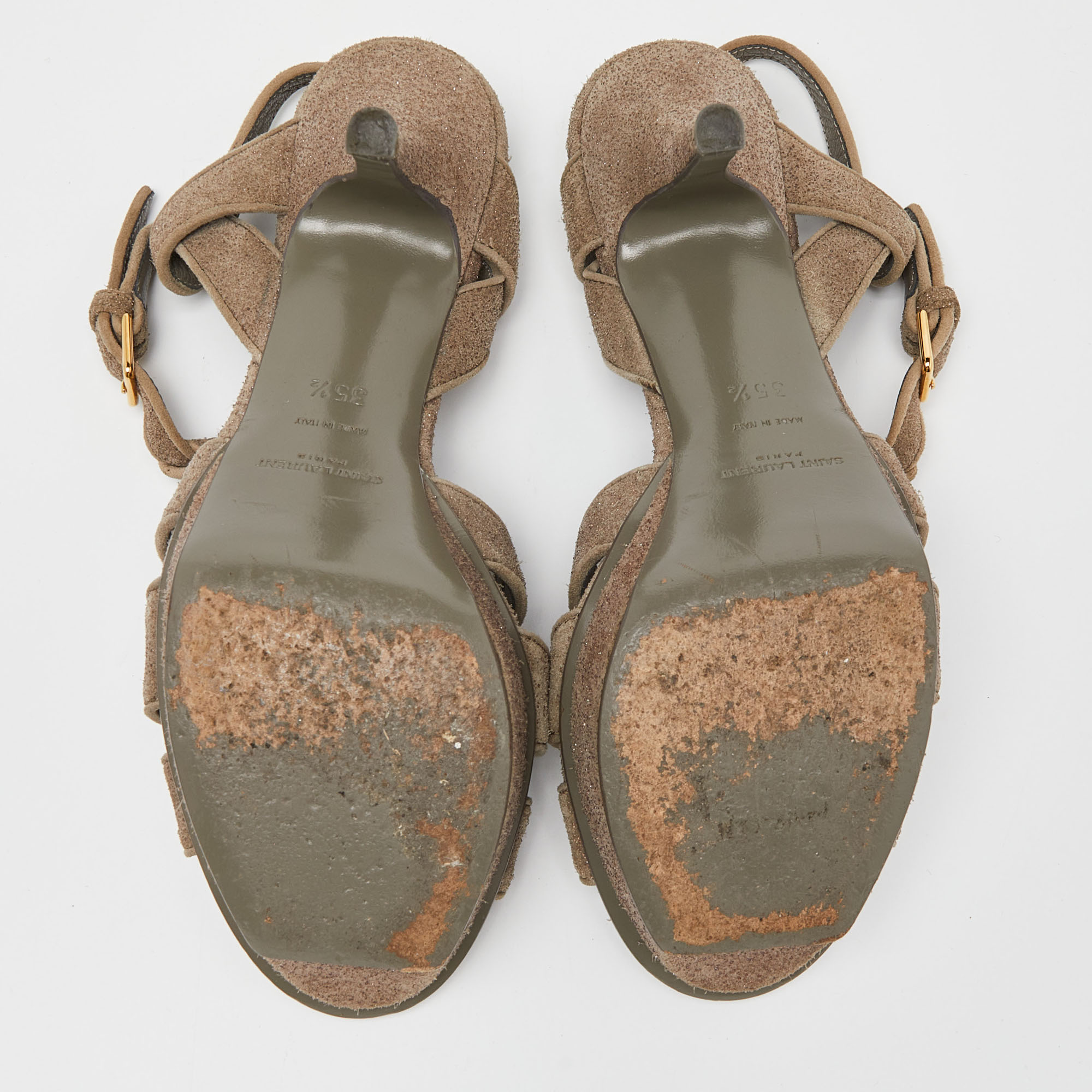 Saint Laurent Grey Textured Suede Tribute Ankle Strap Sandals Size 35.5