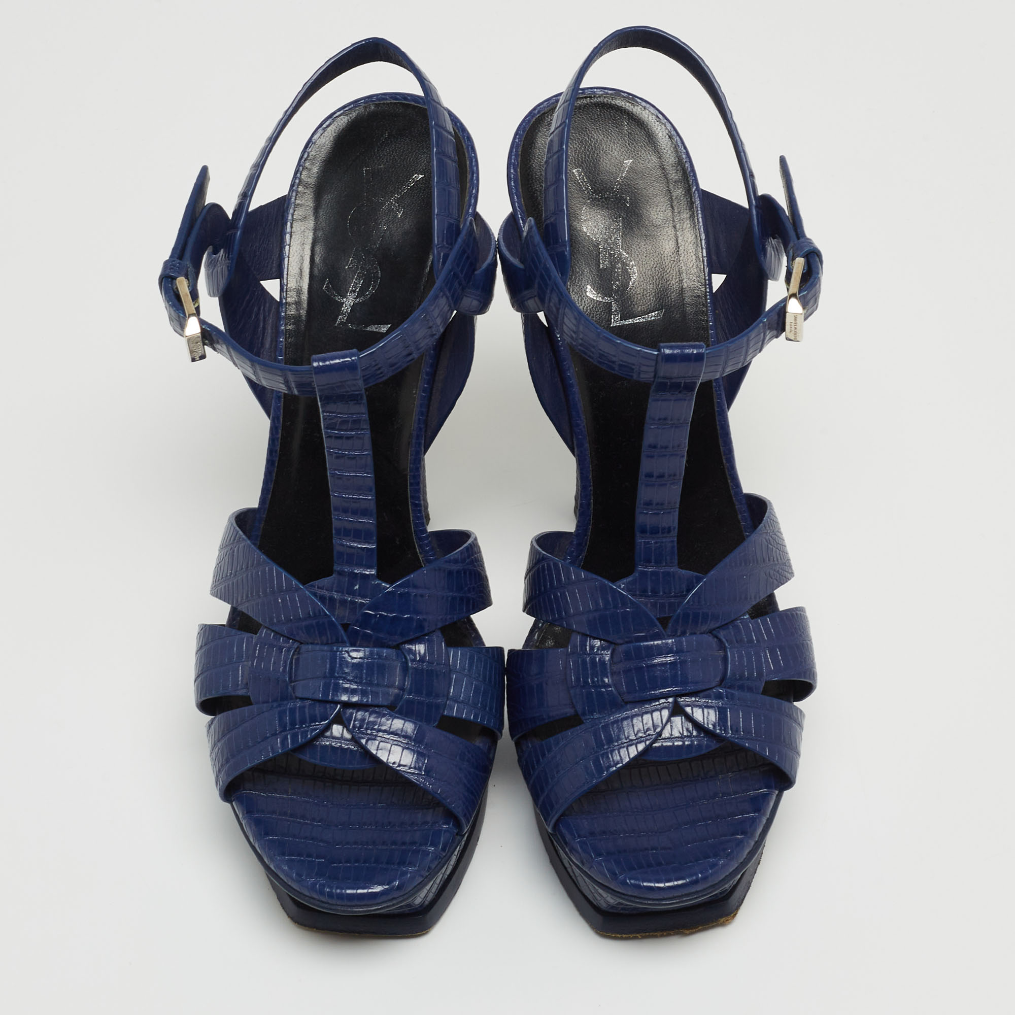 Saint Laurent Blue Lizard Embossed Tribute Sandals Size 37