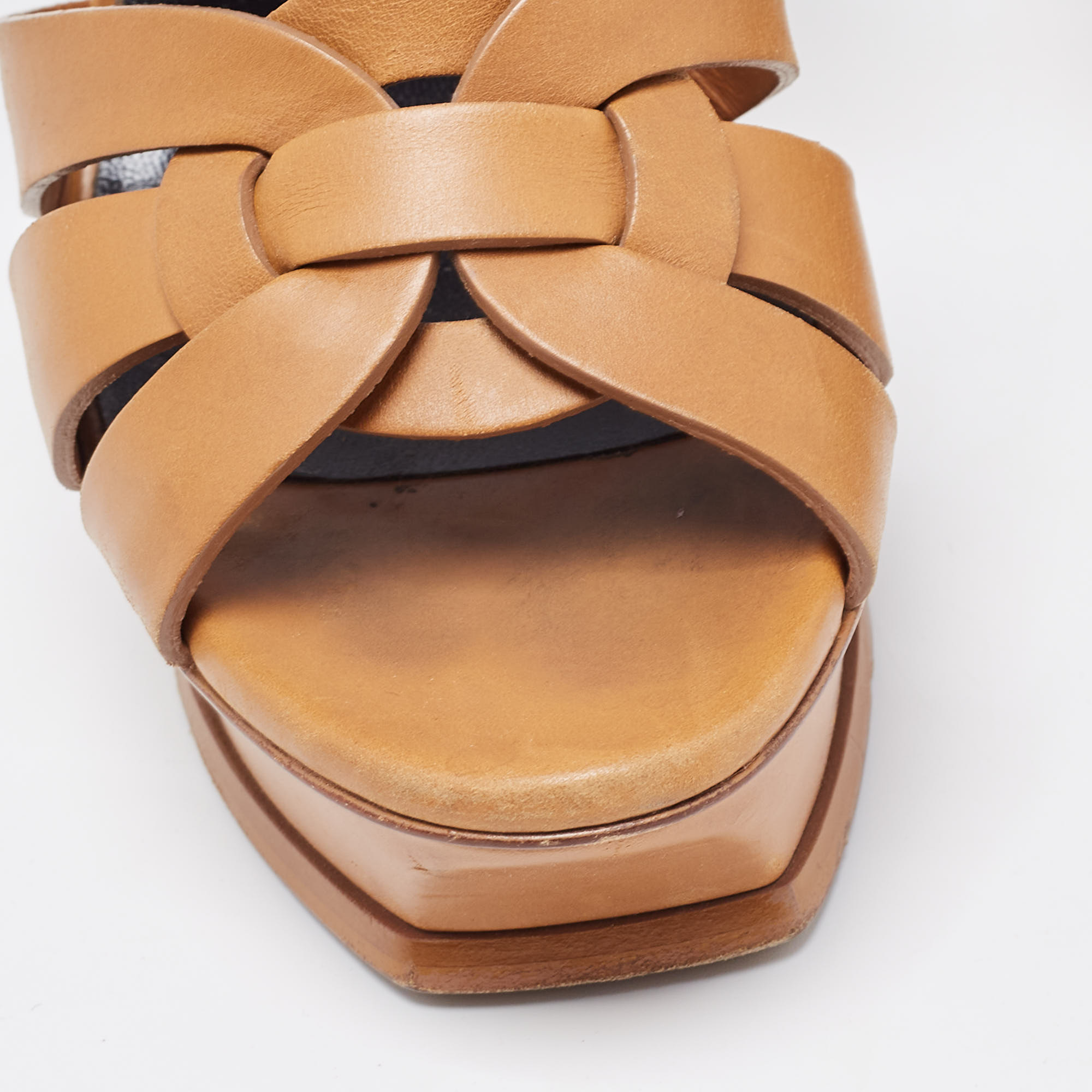 Saint Laurent  Brown Leather Tribute Ankle Strap Sandals Size 38
