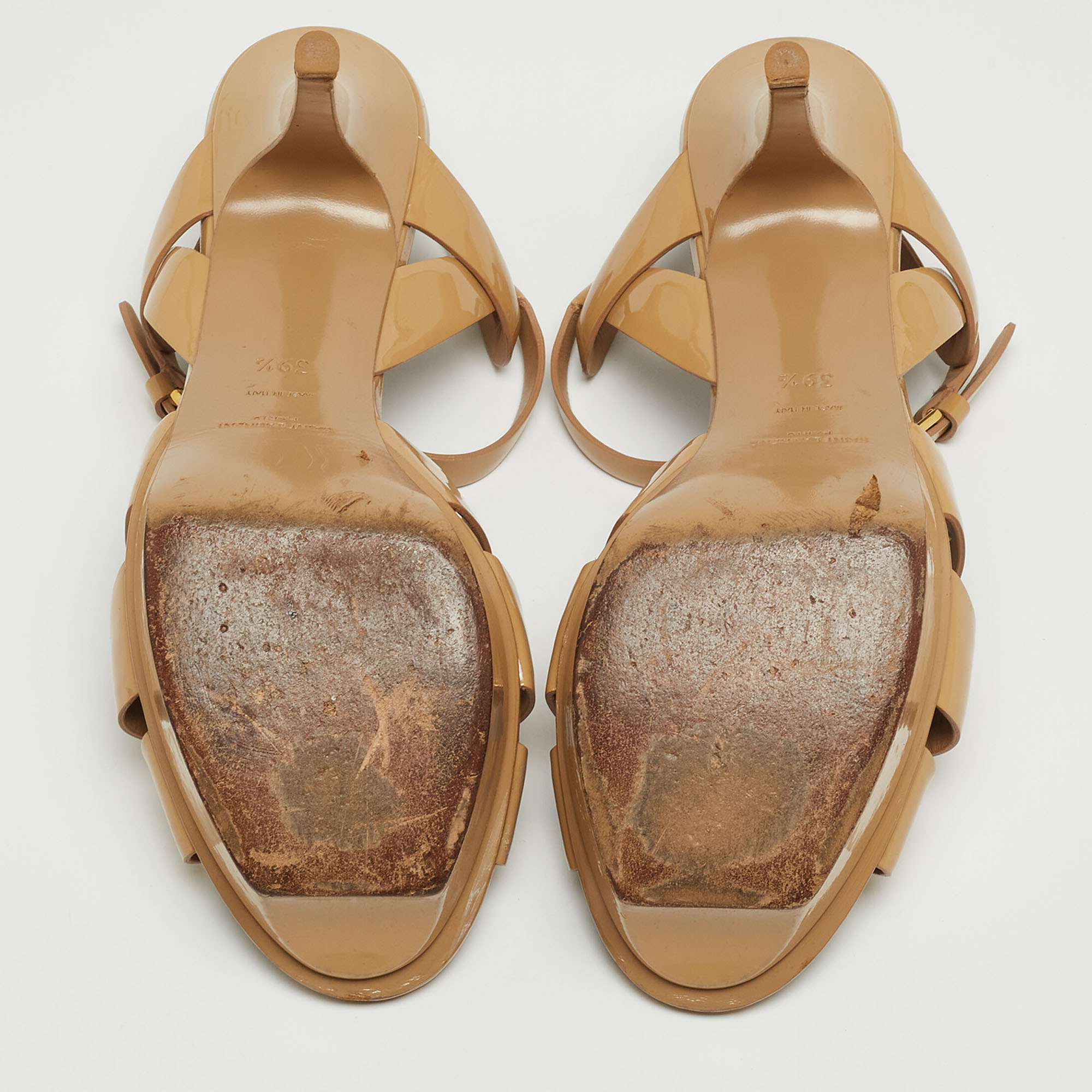Saint Laurent Beige Patent Leather Tribute Sandals Size 39.5