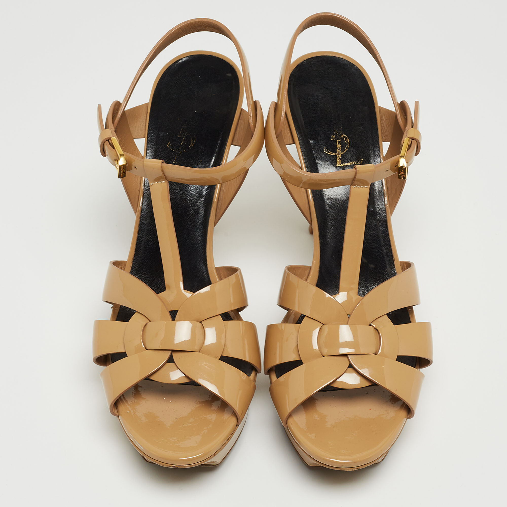 Saint Laurent Beige Patent Leather Tribute Sandals Size 39.5