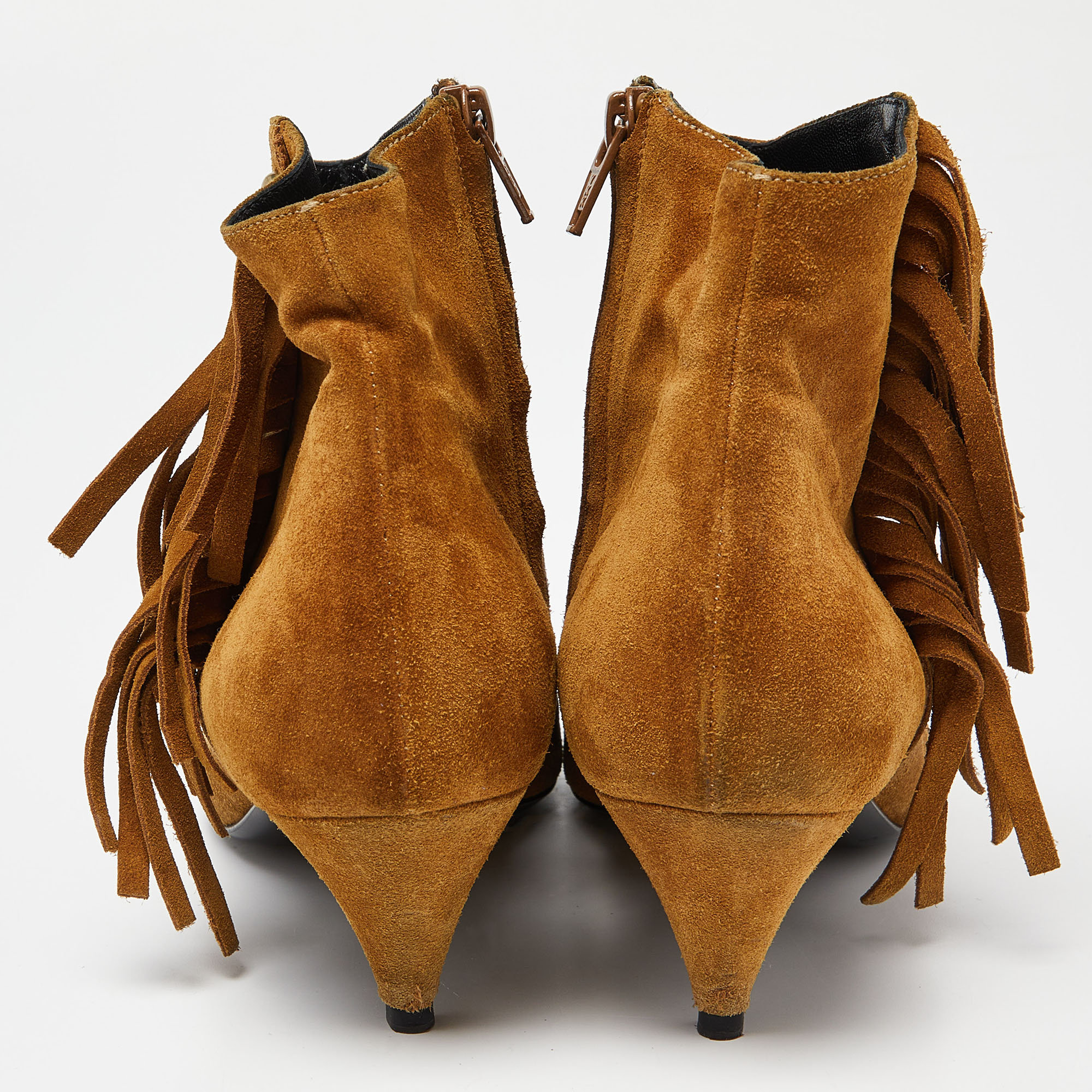 Saint Laurent Brown Suede Pointed Toe Fringe Ankle Boots Size 38